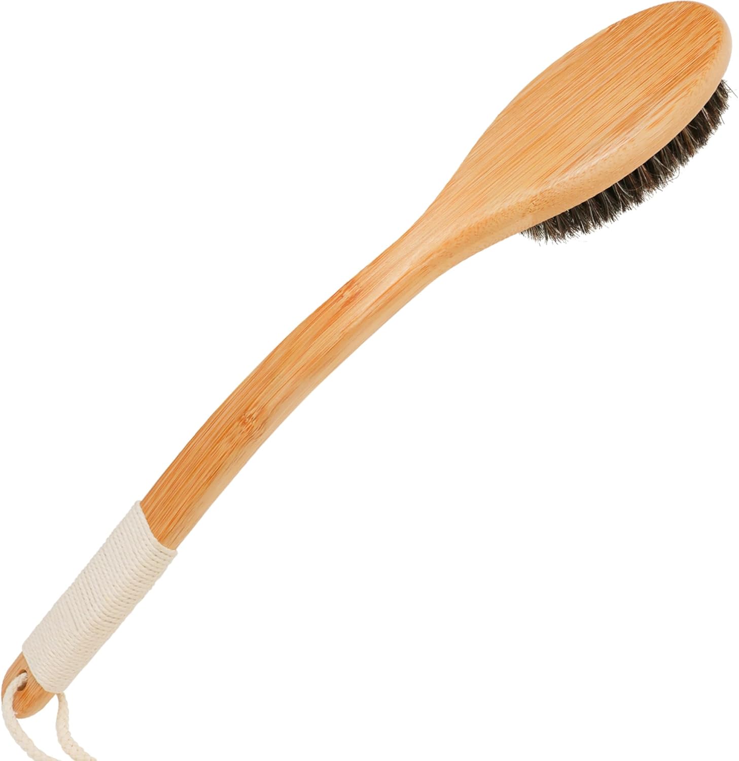 OWIIZI Cepillo de baño de crin de bambú, curvado, mango largo, antideslizante, cepillo corporal para exfoliación, limpiador de ducha de melena