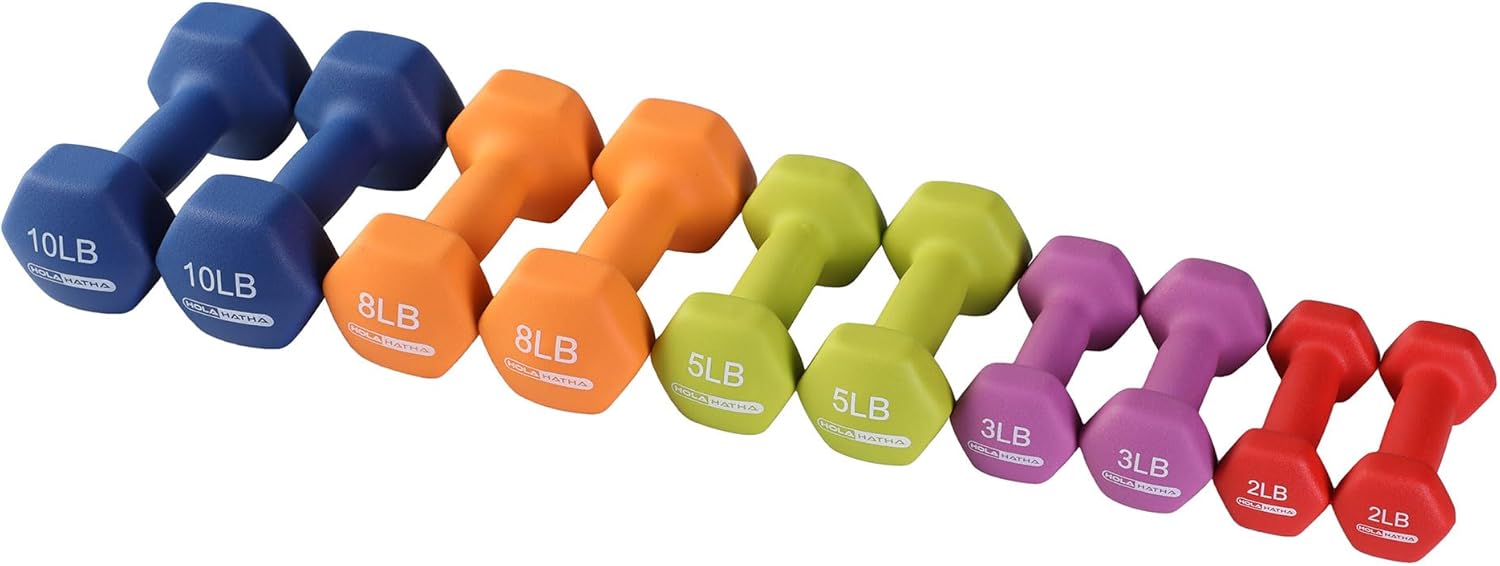 HolaHatha Juego de mancuernas de neopreno de 2, 3, 5, 8 y 10 libras con estante, ideal para ejercicios en casa para ganar tono y definición, color