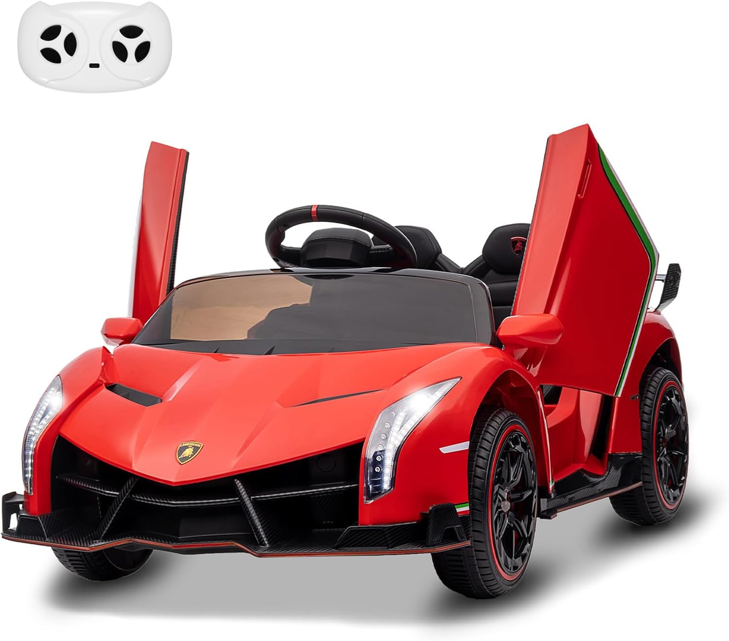 Lamborghini Veneno – Automóvil eléctrico de 12 V con licencia para niños con control remoto, 3 velocidades, puertas hidráulicas, faros LED, mecedora