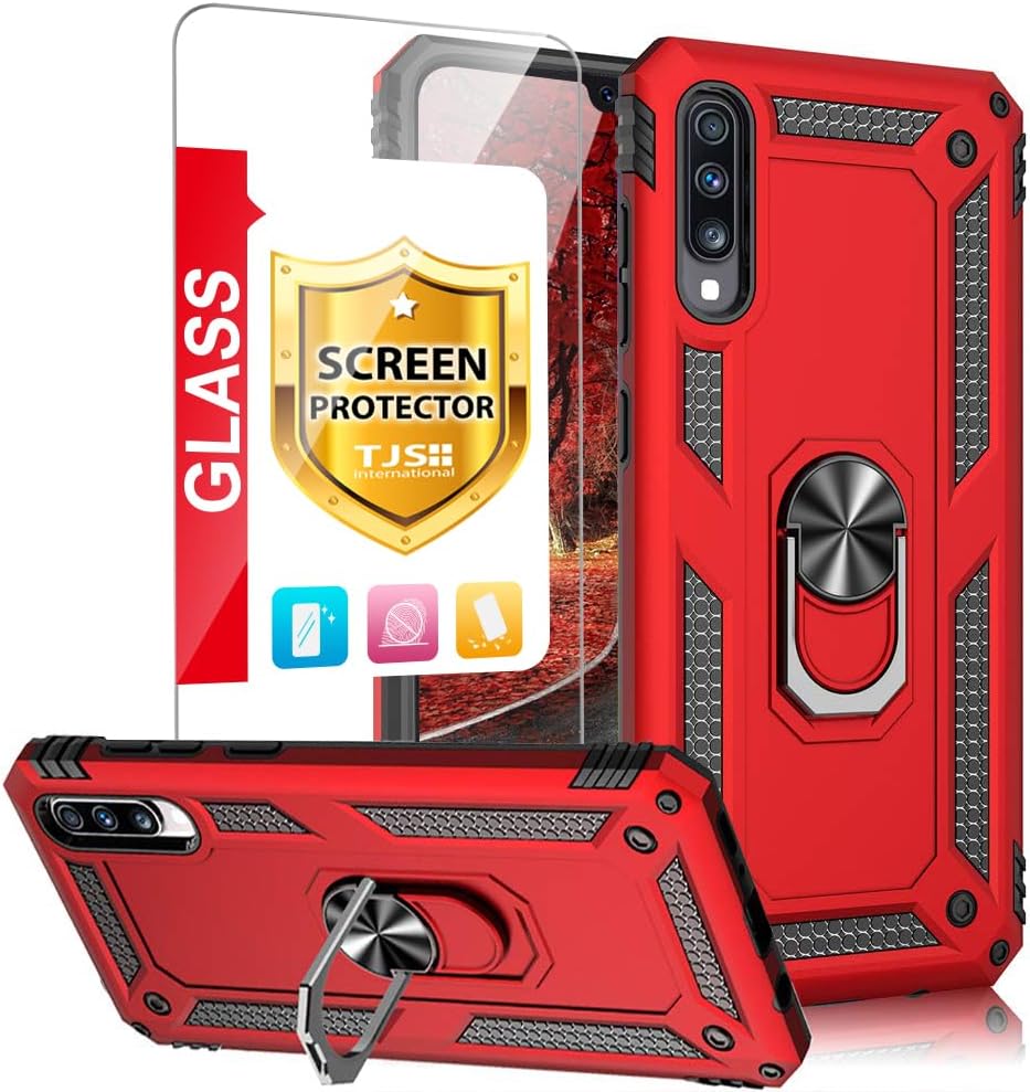 TJS Funda compatible con Samsung Galaxy A50 2019, con protector de pantalla de vidrio templado, anillo de metal, soporte magnético, resistente