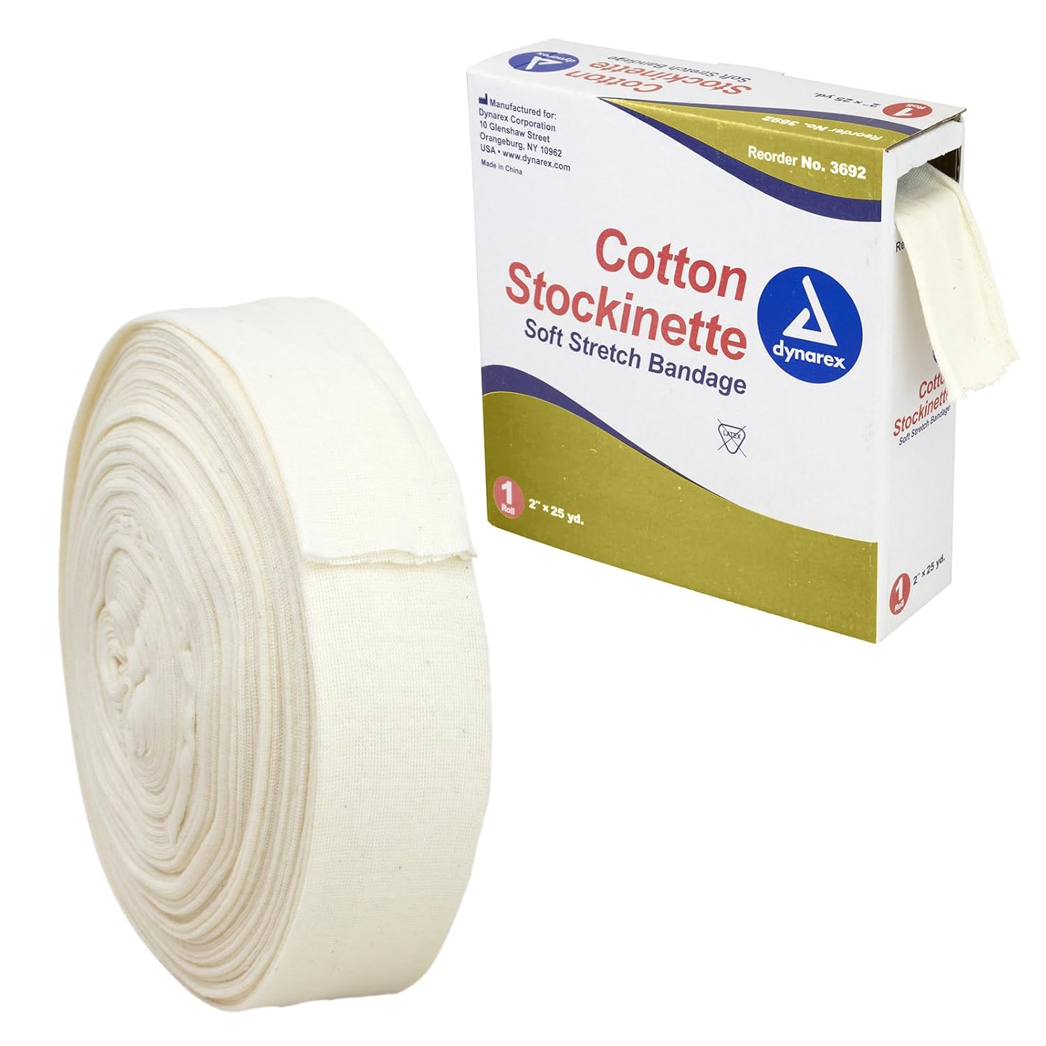 Dynarex Stockinette de algodón, 2″ x 25 yardas, no estéril y sin látex, vendaje tubular para prevenir la irritación de la piel y arrugas fundidas,