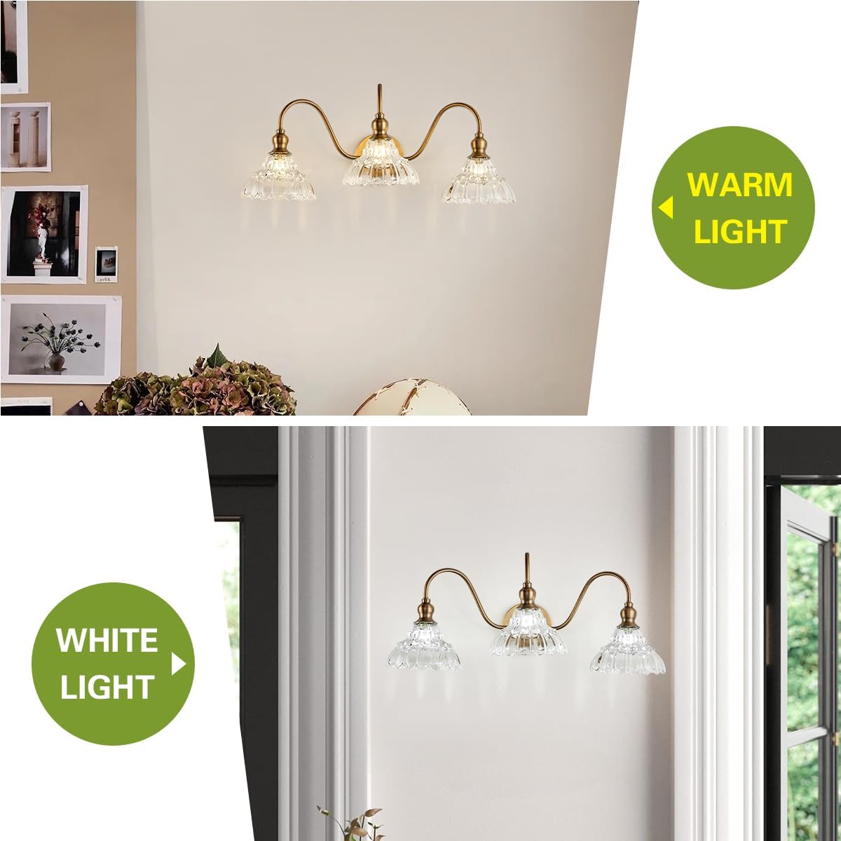 Apliques de pared vintage de 3 luces de latón moderno para tocador de baño, lámpara de tocador retro de vidrio para dormitorio, baño, puerta,