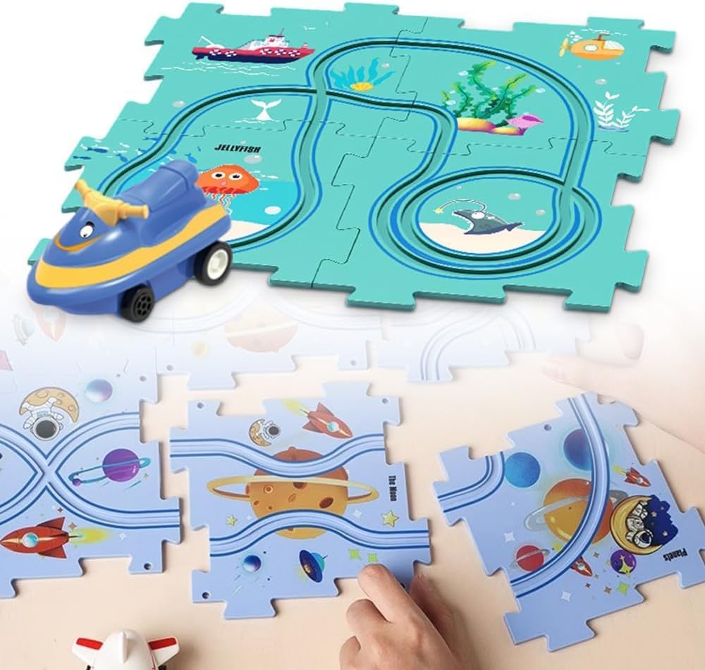 Juego de rompecabezas de coche de pista, carrito eléctrico de ensamblaje, vehículo de juguete y tablero de rompecabezas de montaje, regalos para