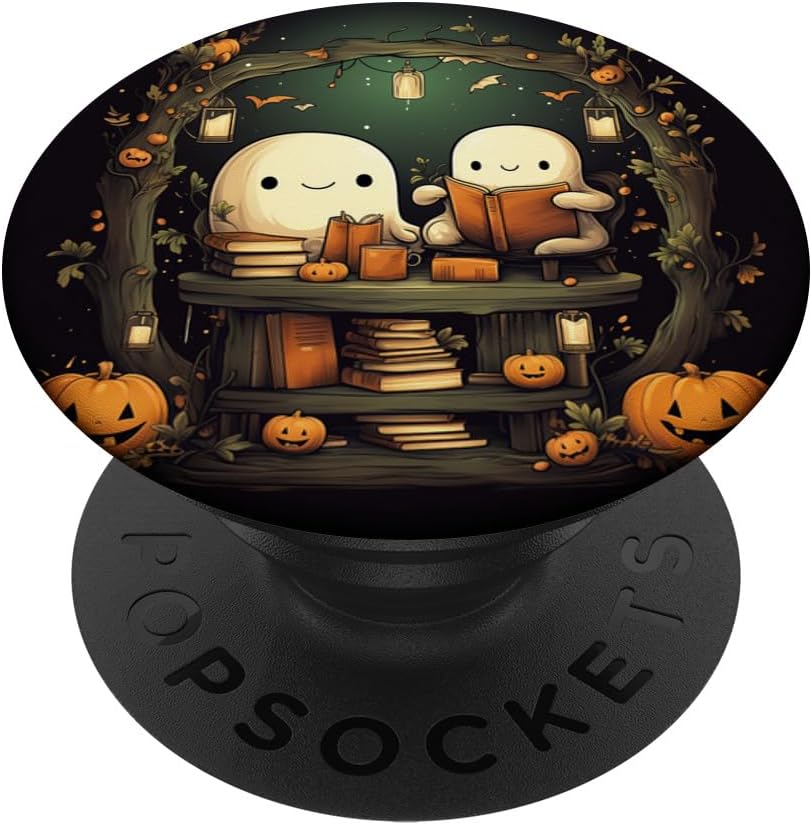 Libros de lectura de fantasmas lindos para Halloween, bosque, calabaza, librería, PopSockets, PopGrip estándar
