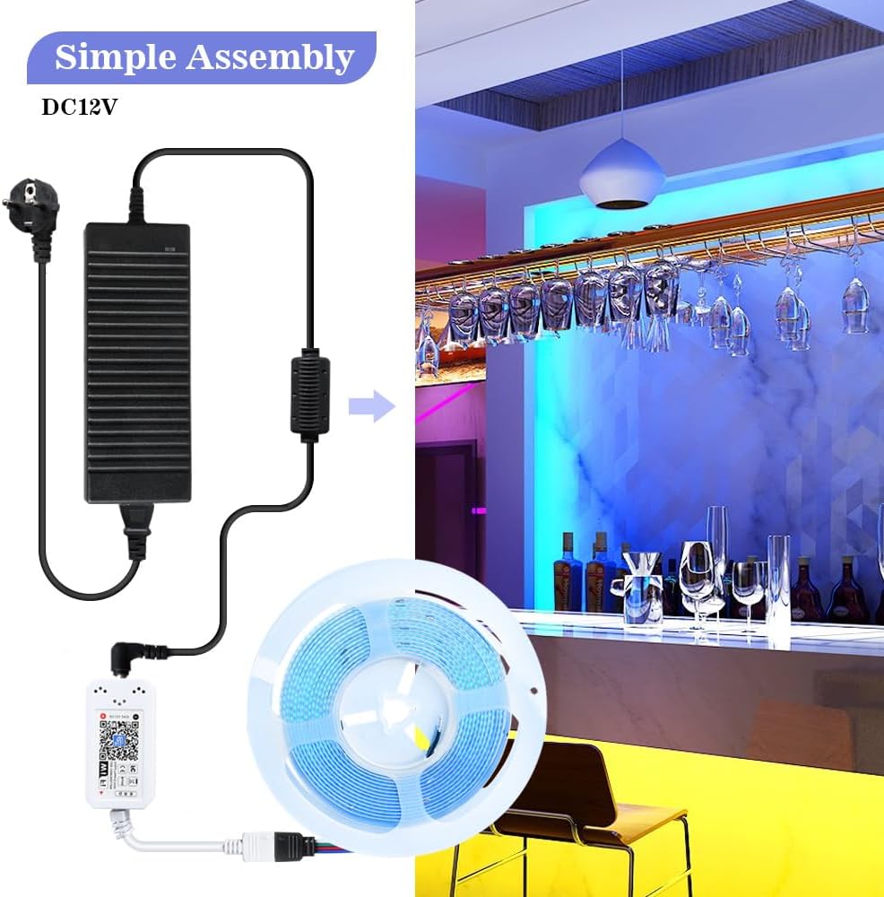 Tira de luz LED COB RGB WiFi de 12 V, 16.4 pies, con fuente de alimentación, 576 LEDsM regulable, tira LED de sincronización de música de
