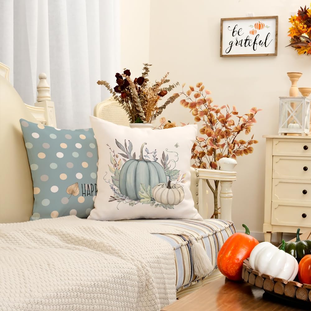 Juego de 4 fundas de almohada de otoño de 20 x 20 pulgadas, diseño de búfalo a rayas, lunares, calabazas, hojas, decoración de interiores,