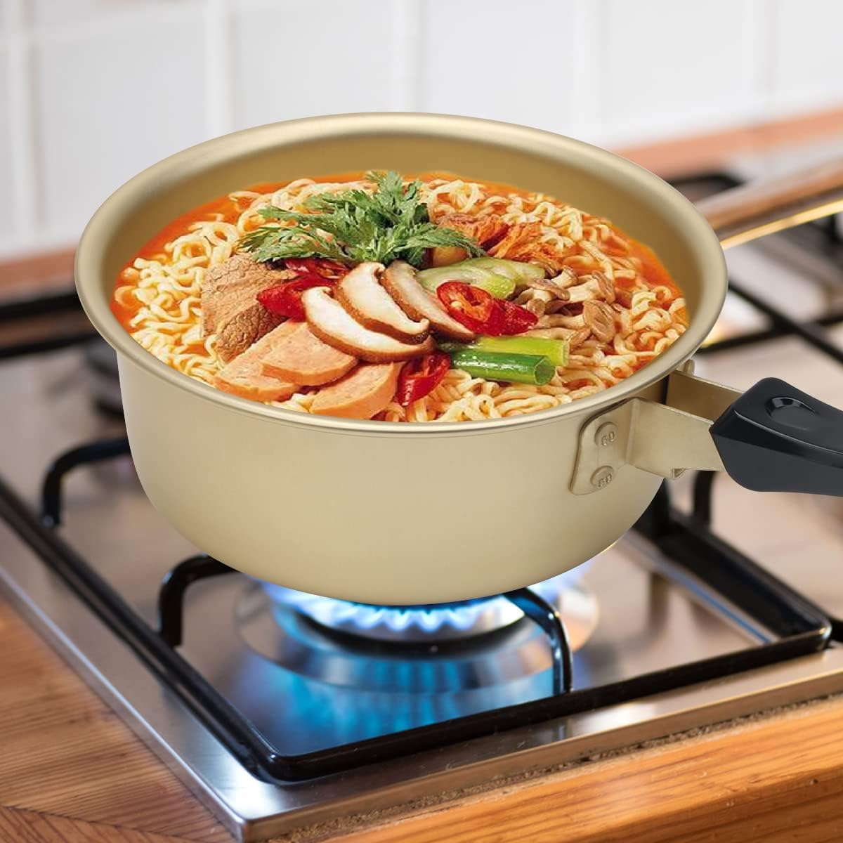 AHIER Olla de ramen coreano con tapa, cuchara y palillos (1 par), olla de fideos Ramyun coreanos con mango único a prueba de calor, calentamiento