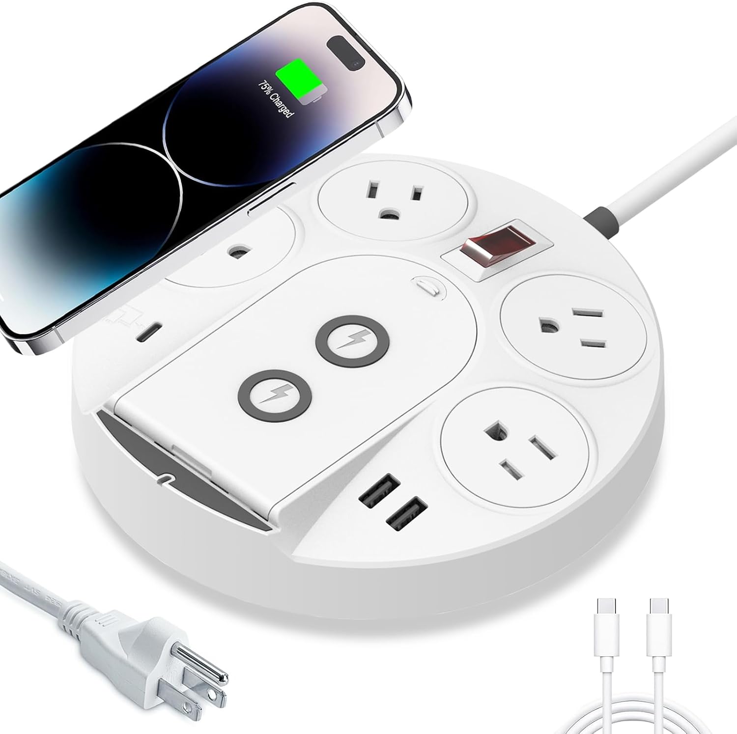KingTSYU – Regleta protectora de sobretensiones, cable de extensión de regleta de alimentación con puertos USB C, 4 tomas de corriente y cargador