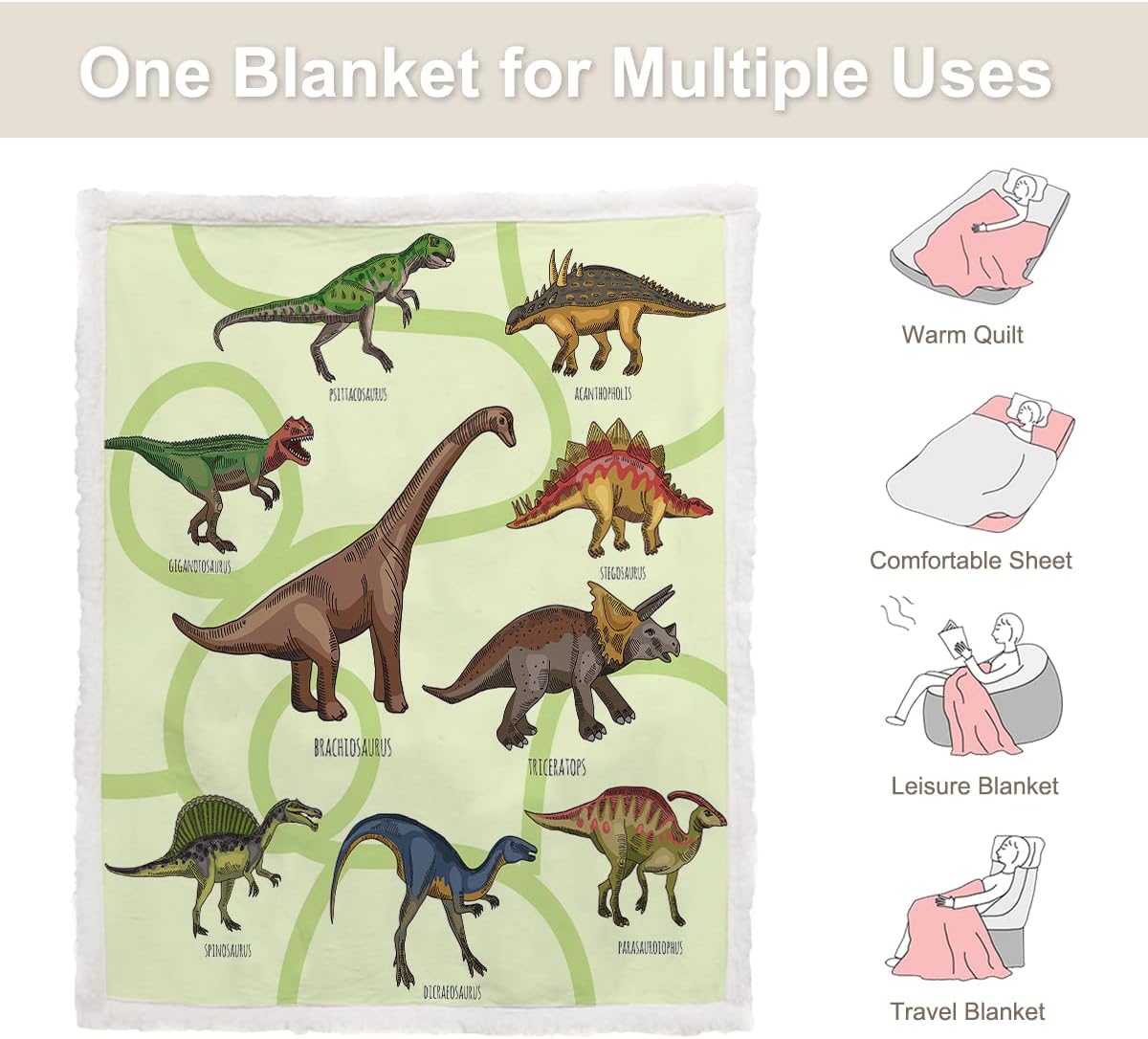 Sleepwish Manta de felpa de dinosaurio Sherpa para niños y niños, color verde, manta de forro polar suave de dinosaurio en acuarela, mullida,
