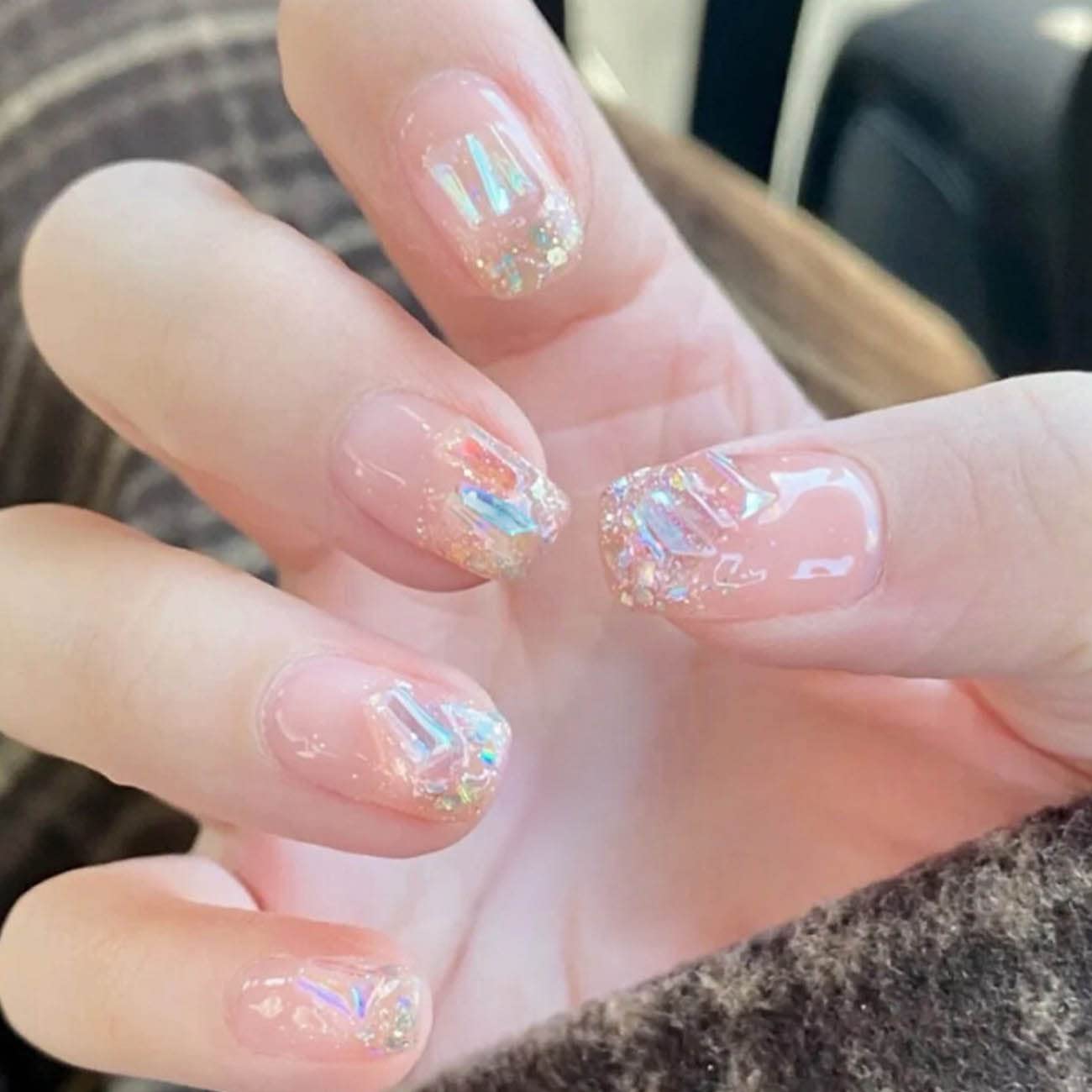 Hkanlre Uñas postizas brillantes a presión de rinetones medianas, cuadradas, puntas de uñas acrílicas de cobertura completa, color nude, para