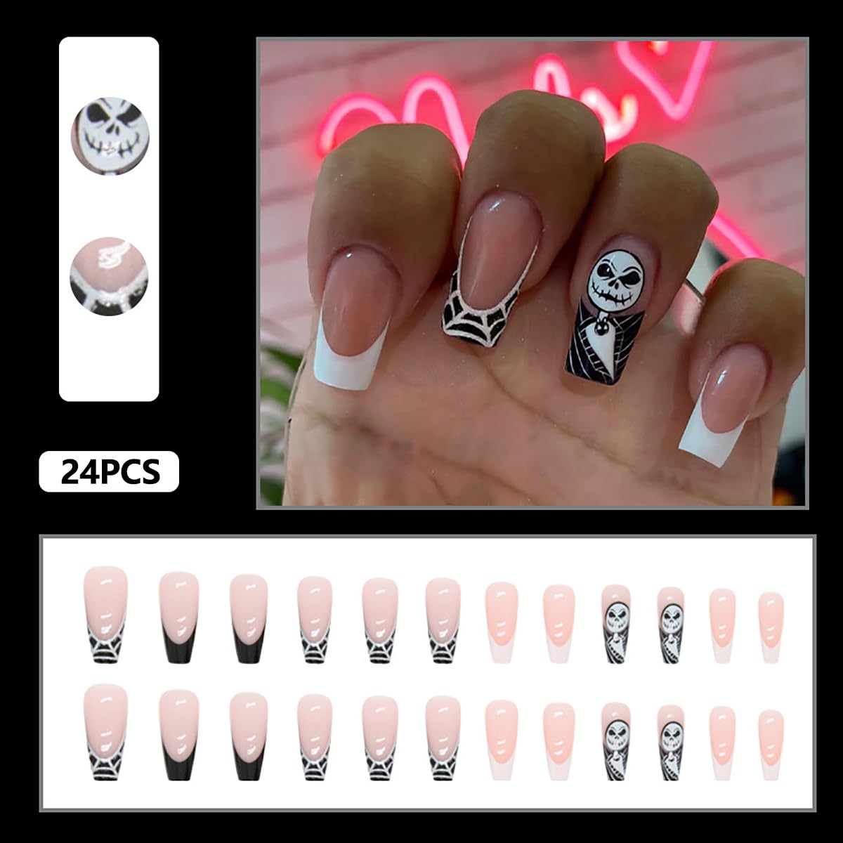 TMLECE TM Uñas postizas a presión de Halloween, 24 unidades, uñas postizas cuadradas medianas con pegamento para mujeres, niñas, adolescentes con