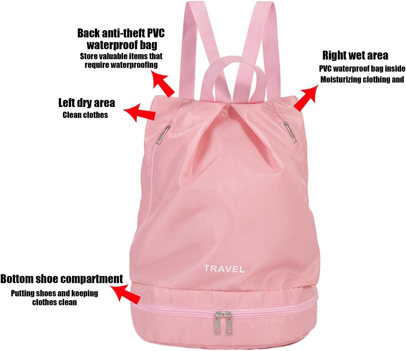 Mochila de natación deportiva con compartimentos secos y húmedos, bolsillo a prueba de humedad para mujeres y hombres (rosa)