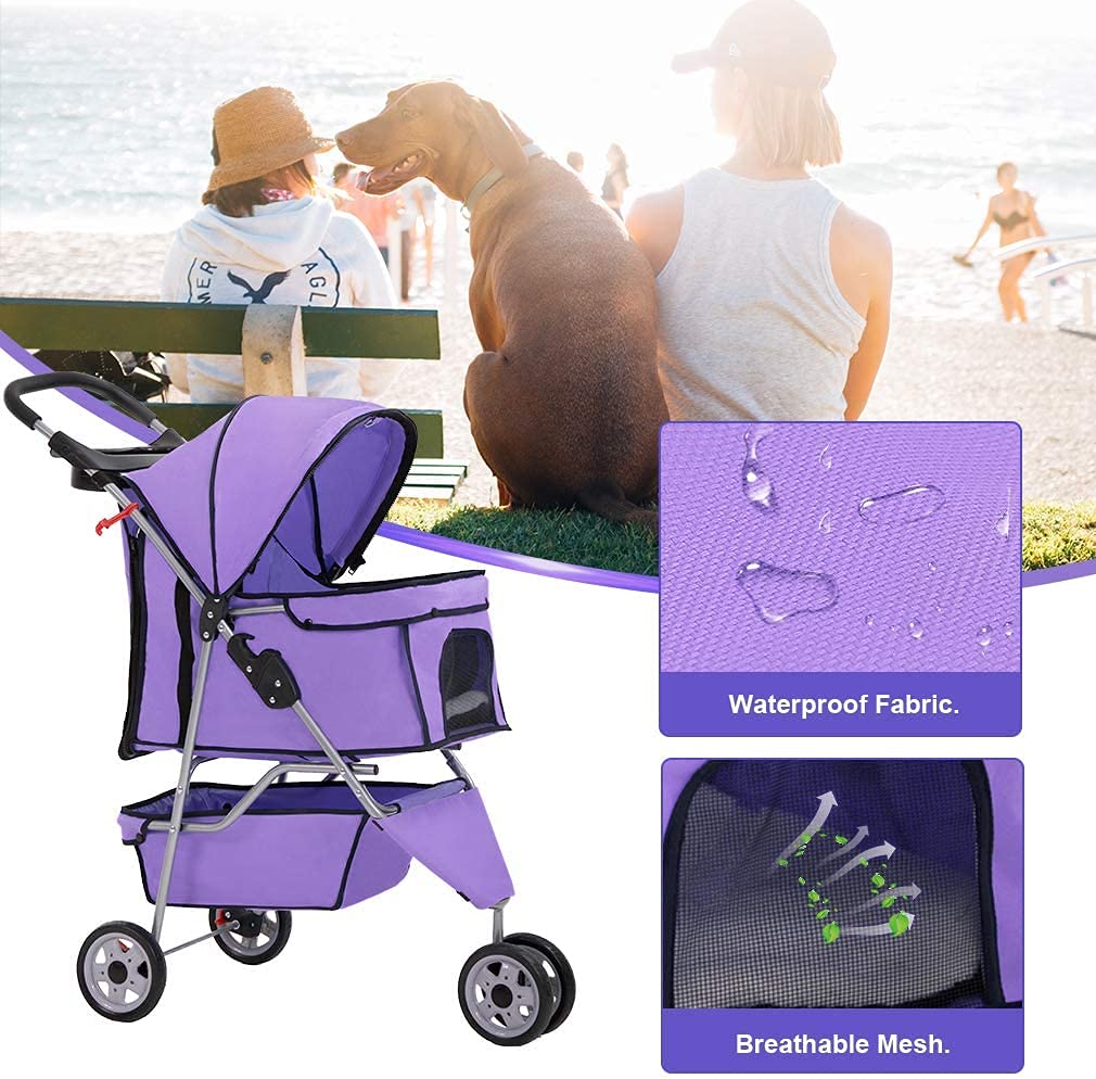 FLL Cochecito para perros y gatos con cesta de almacenamiento, plegable, ligero, para gatos, suave y fácil de caminar, para perros y gatos medianos