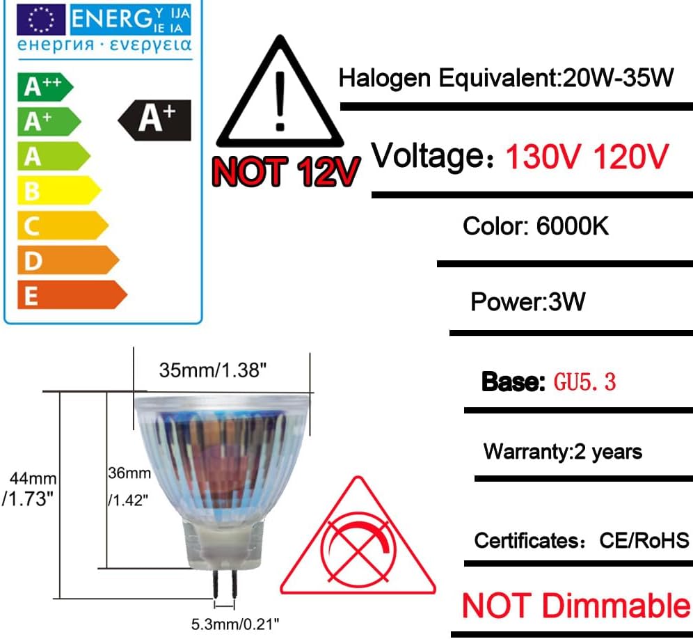 MR11 nimi spot Light gu5.3 Base 130V 120V 3W 6000KL bombilla LED reemplazar 20w 35W bombilla halógena (4pcs 110-130V 6000K bombillas)