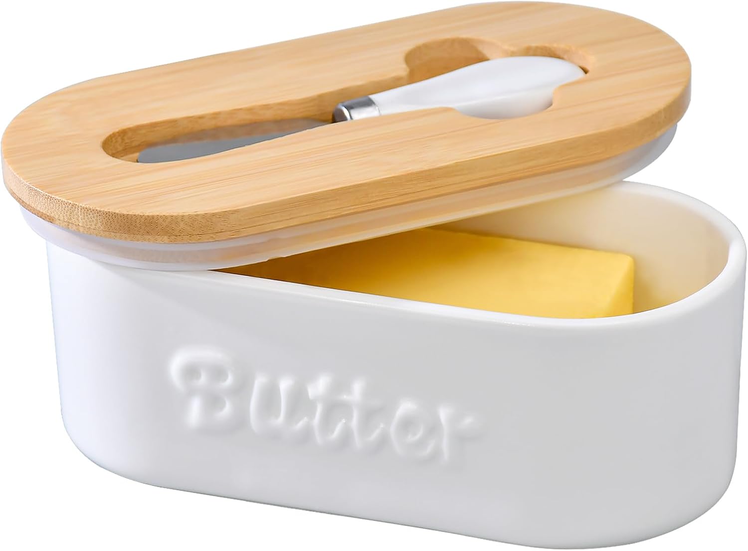 Mantequillera con tapa, caja de mantequilla de cerámica, recipiente de mantequilla para mostrador, conservador de mantequilla con tapa y cuchillo