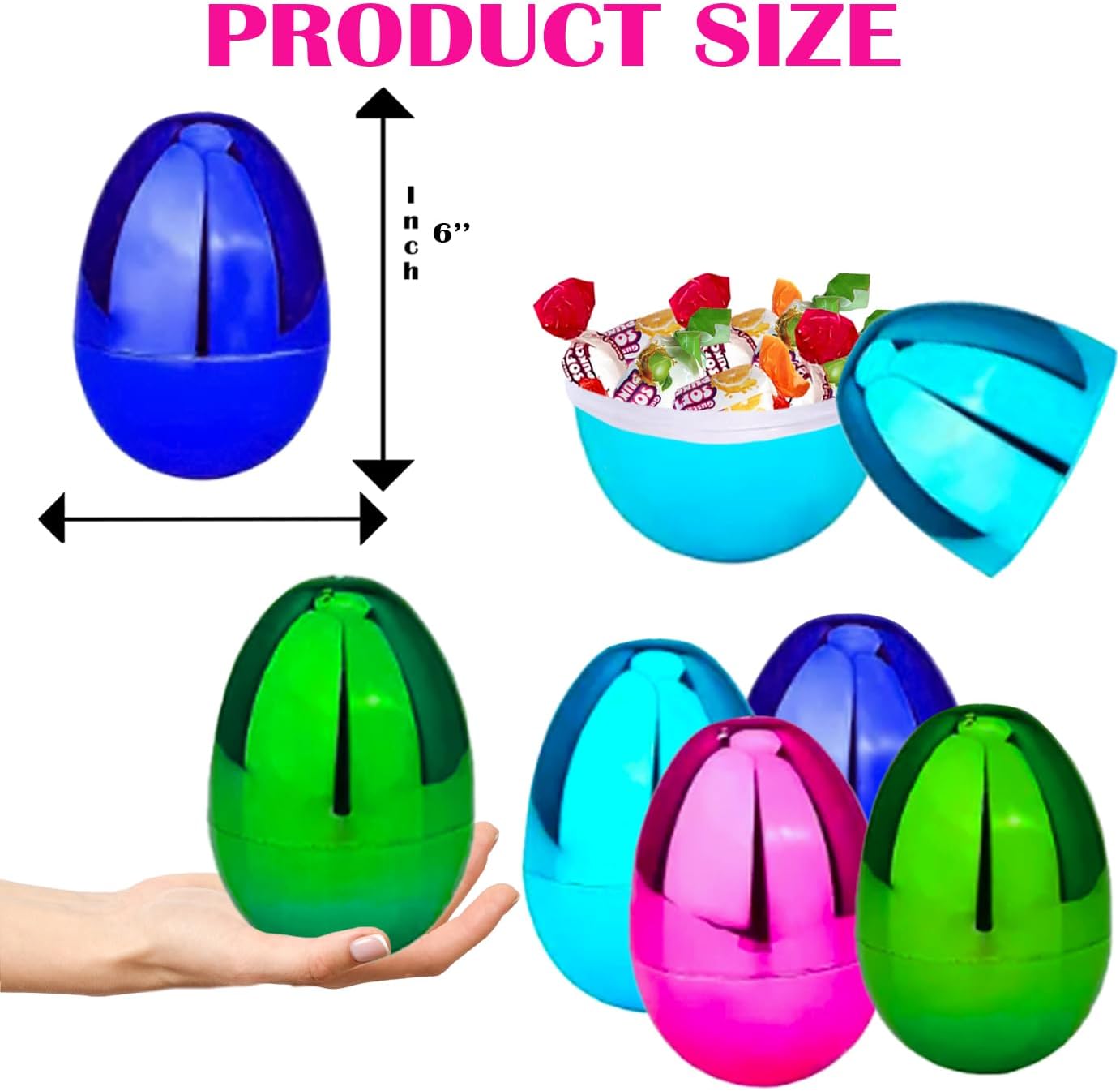 Huevos de Pascua rellenables (paquete de 12) huevos de Pascua gigantes de plástico metálicos coloridos de 6 pulgadas, se mantienen verticales,
