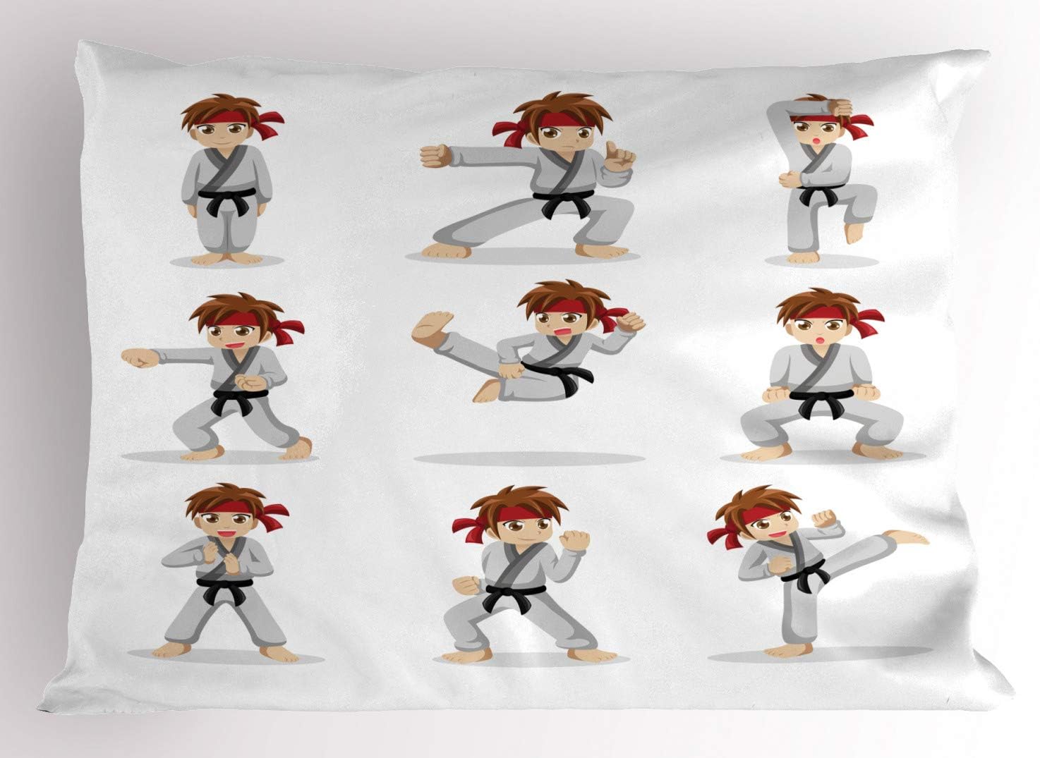 Ambesonne Funda de almohada de karate, artista de artes marciales con dibujos animados en varias posturas de lucha, funda de almohada decorativa