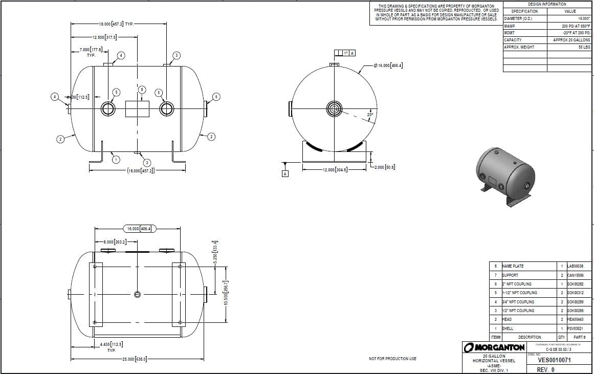 Tanque receptor de aire, 19 galones, horizontal universal, 16 x 25 pulgadas, 200 PSI, patas (19 galones)