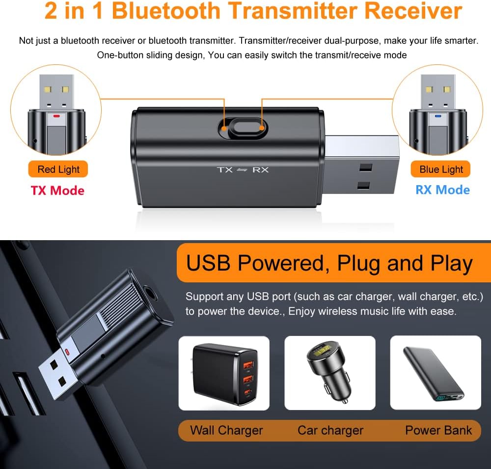 KINDRM – Transmisor receptor auxiliar Bluetooth V5.0, adaptador de audio inalámbrico de baja latencia 2 en 1 alimentado por USB para PC, TV,