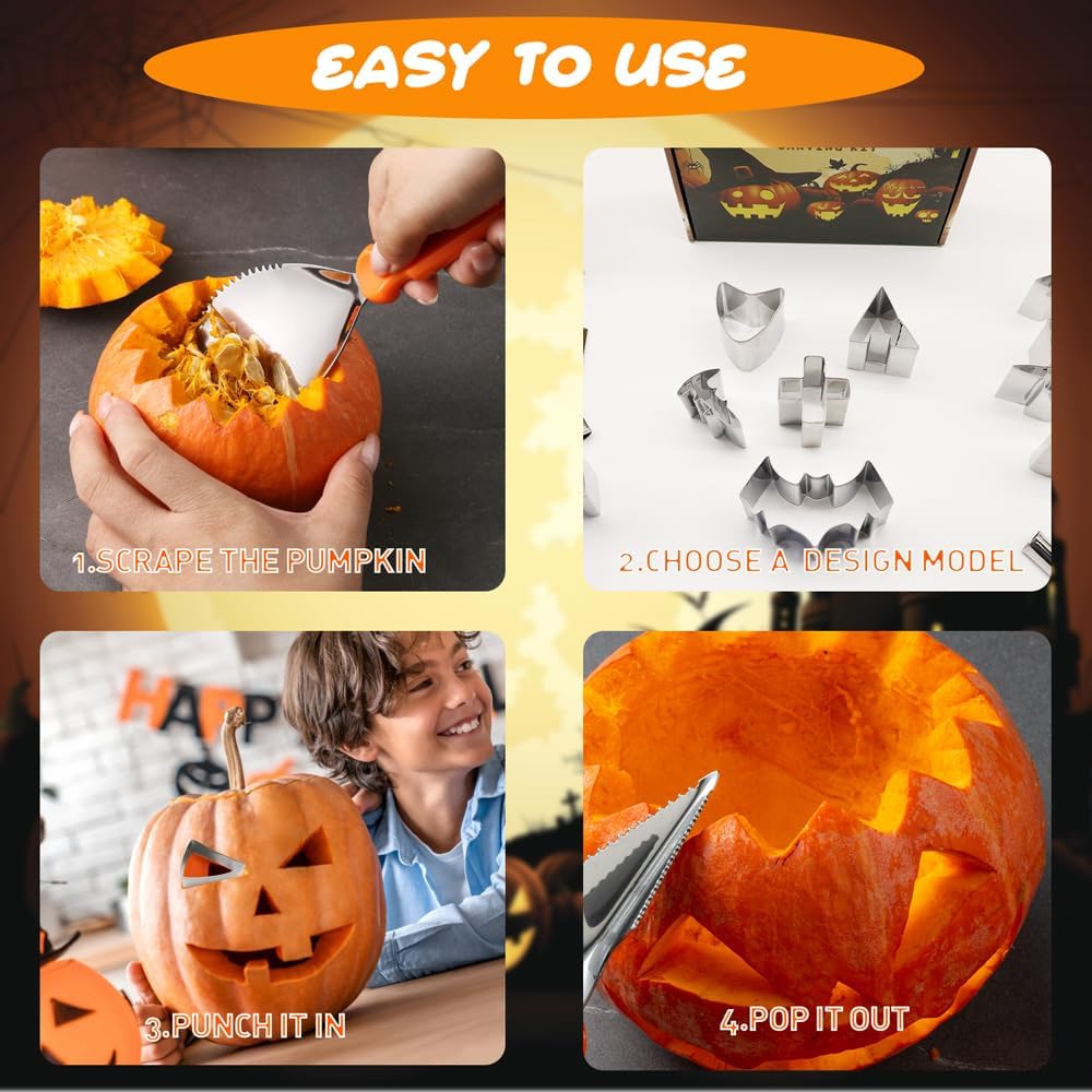 NWESTUN Kit de tallado de calabaza para Halloween, herramientas de tallado de calabaza para niños, seguro y fácil, juego de tallado de calabaza para