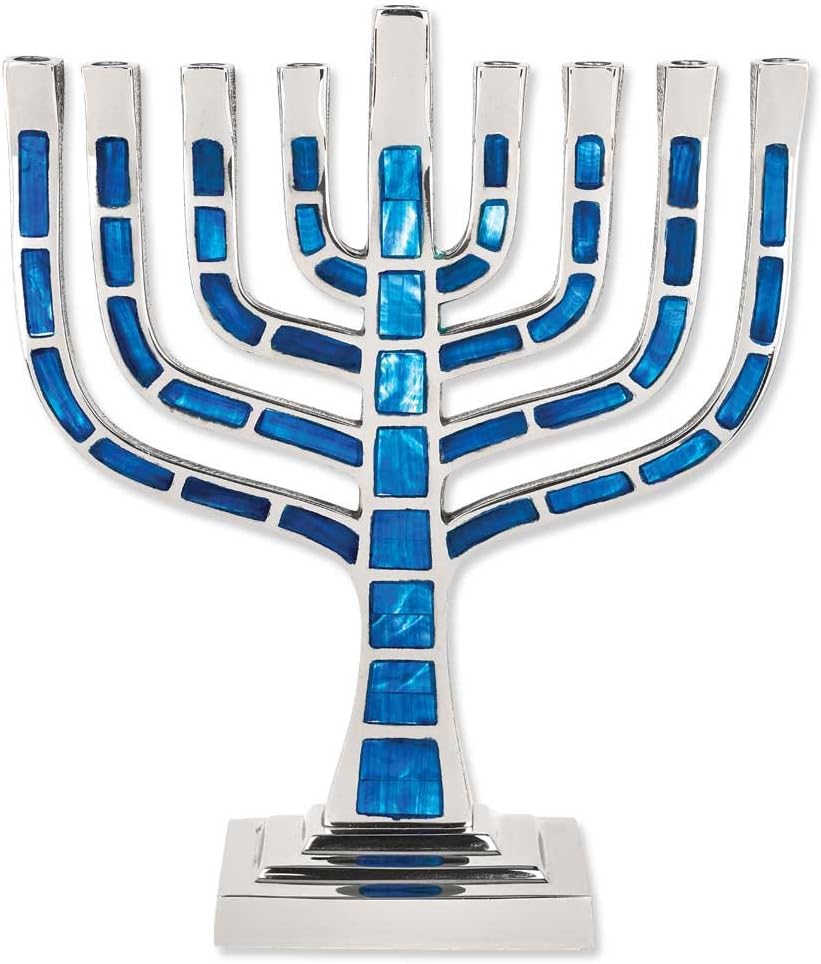 Mosaico de Janucá Menorá Knesset estilo Chanukiyah Jeweled con azulejos de mosaico incrustados se adapta a velas estándar de Hanukkah (azul)