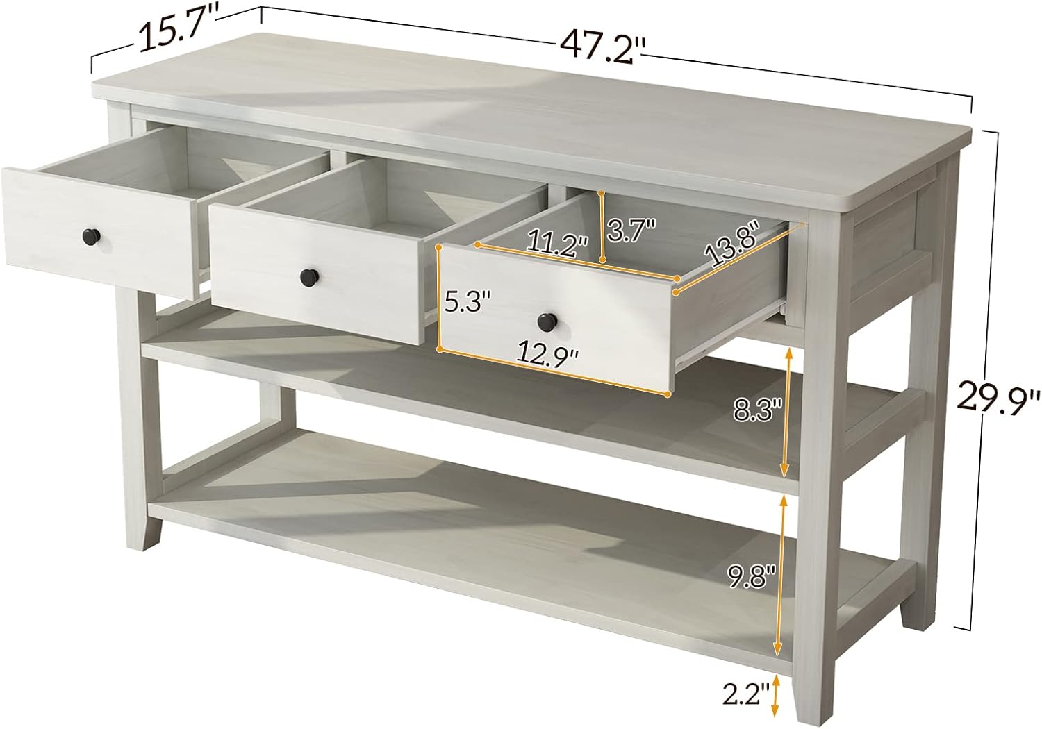 Mesa consola de 3 niveles con 3 cajones y estantes de almacenamiento, moderna y estrecha mesa de sofá para sala de estar, entrada, pasillo, color