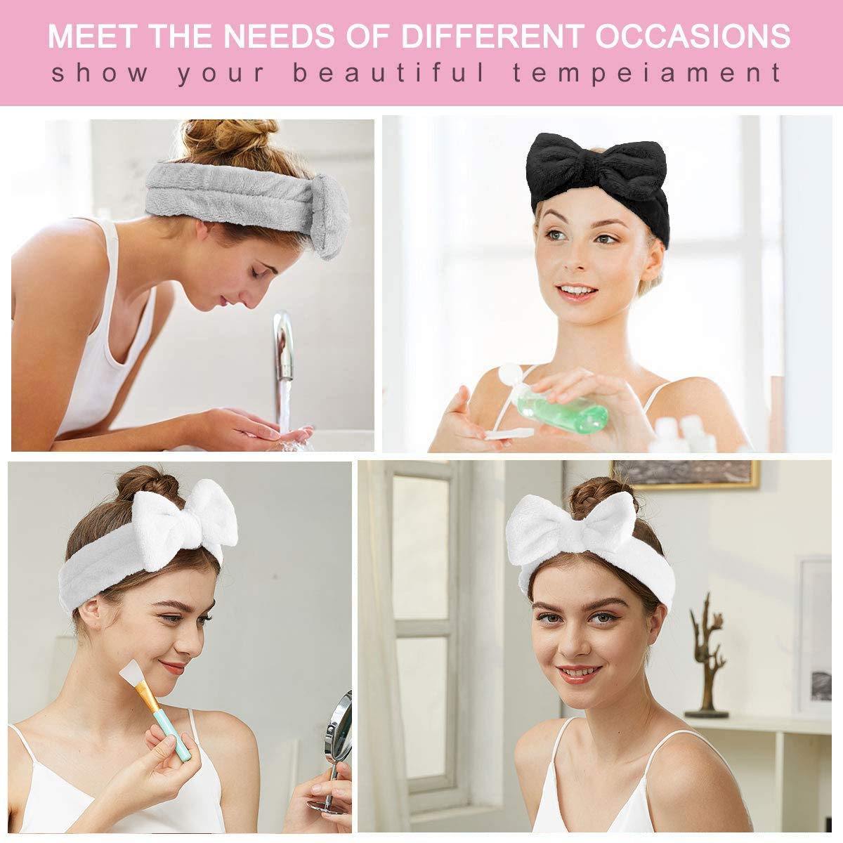 Paquete de 6bandas para el cabello con moño, para maquillaje facial, suaves, de polar, para la ducha y para lavarte la cara