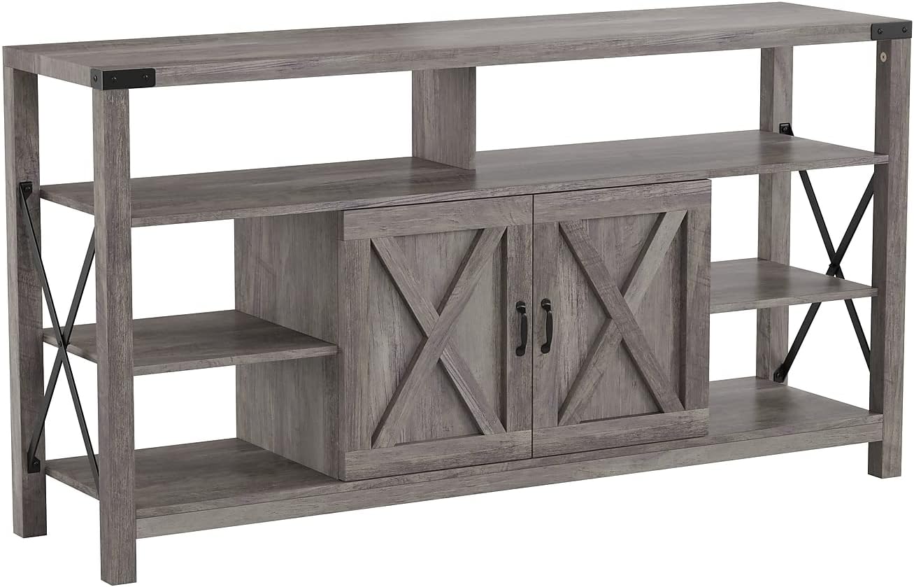 Flash Furniture Wyatt – Mueble de TV alto y moderno de 60 pulgadas, gabinete de consola gris costero, estante central ajustable, estantes fijos para