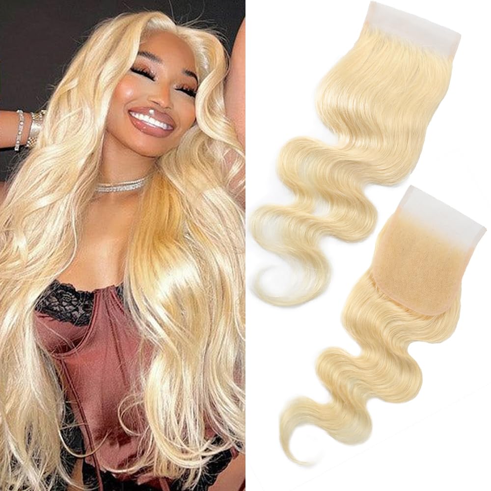 Extensiones de cabello humano 613 HD con cierre de encaje 4×4, ondulado, 100% cabello brasileño, 10A, rubio virgen, cierre de encaje, extensiones de