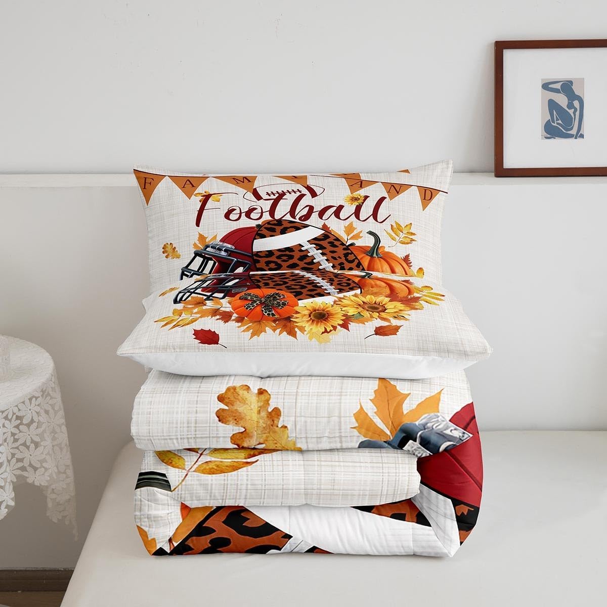 TYTS8656ZMD-BZ_USk – Juego de edredón de fútbol americano, ropa de cama de otoño con girasoles y calabaza, tamaño King, juegos deportivos de dibujos