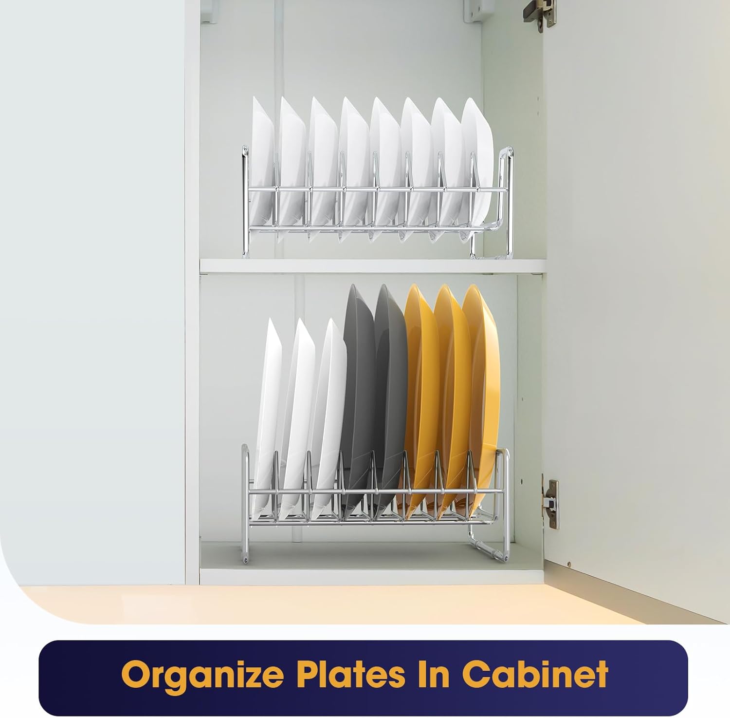 Estante para platos de 8 ranuras, organizador de platos de acero inoxidable, estante seco para armario y cajón, soporte para platos llanos, tapa de