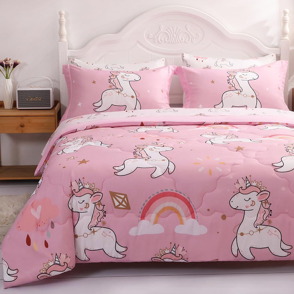 Wajade Juego de edredón de unicornio rosa para niños, cama en una bolsa, tamaño individual, 7 piezas, bonito juego de ropa de cama de unicornio y
