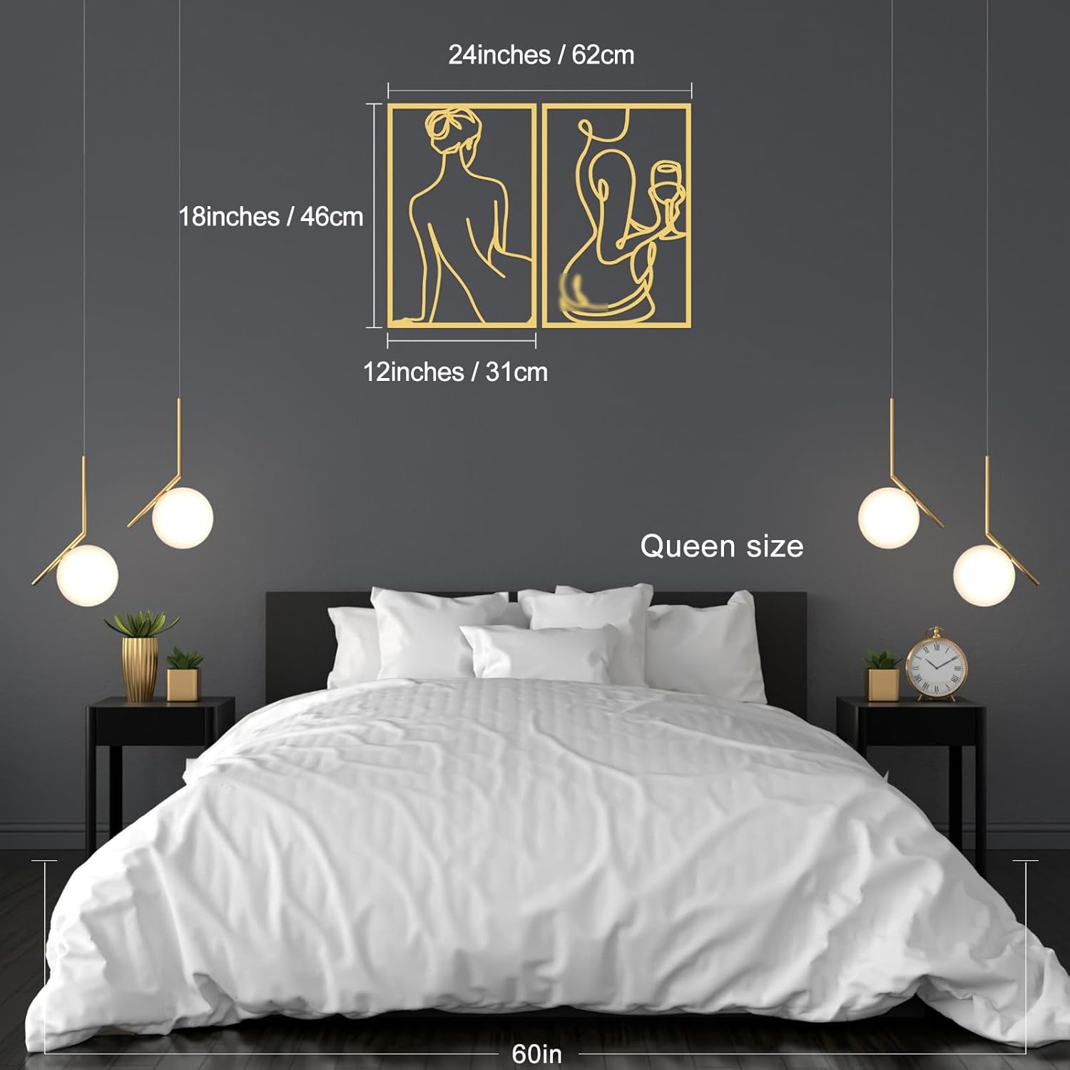 Juego de 2 arte de pared de metal dorado para decoración del hogar, decoración de pared simple de 18 x 12 pulgadas, arte de línea abstracta,