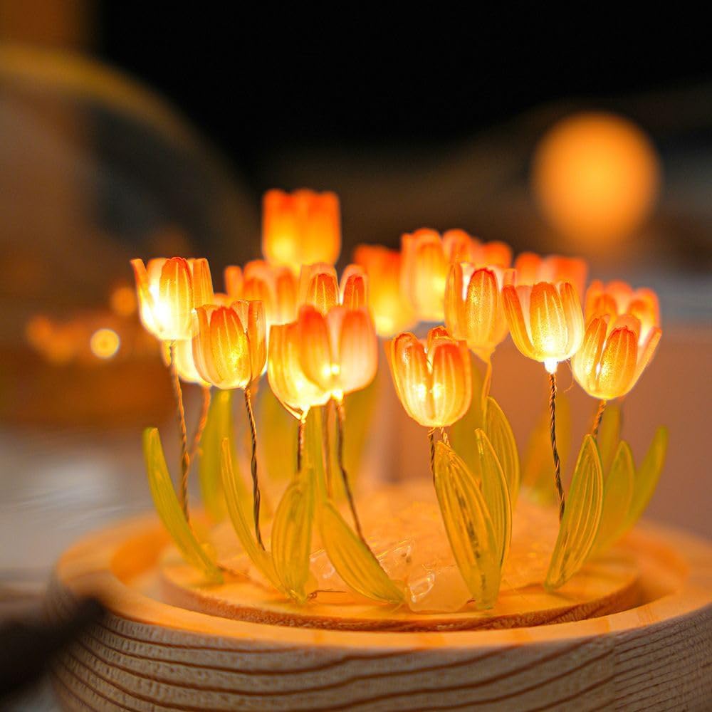T TOVIA Tulip – Lámpara de mesa de flores artificiales para dormitorio, lámpara de dormir romántica para el día de la madre, cumpleaños y aniversario