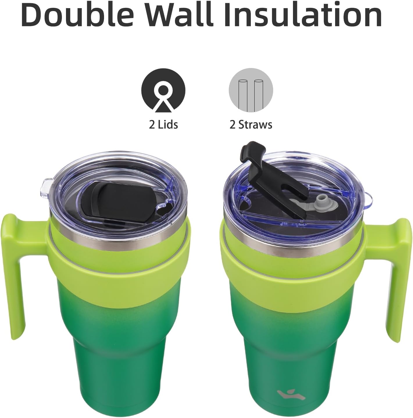 Konokyo Vaso de 40 onzas con asa y 2 pajillas, 2 tapas, botella de agua aislada de acero inoxidable al vacío, taza de viaje reutilizable, color
