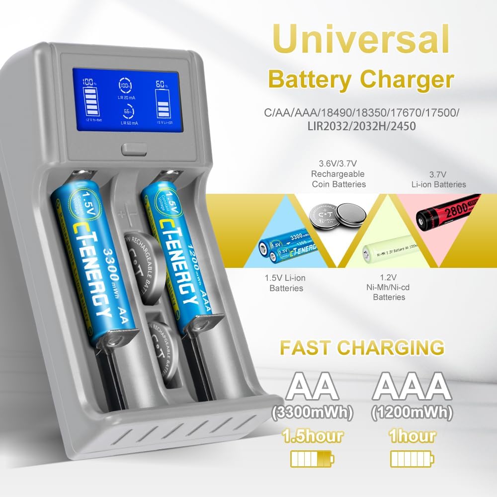 Cargador de batería inteligente LCD con pilas AAA recargables, paquete de 4, batería triple AAA recargable de litio de 1.5 V, 1200 mWh, recargable