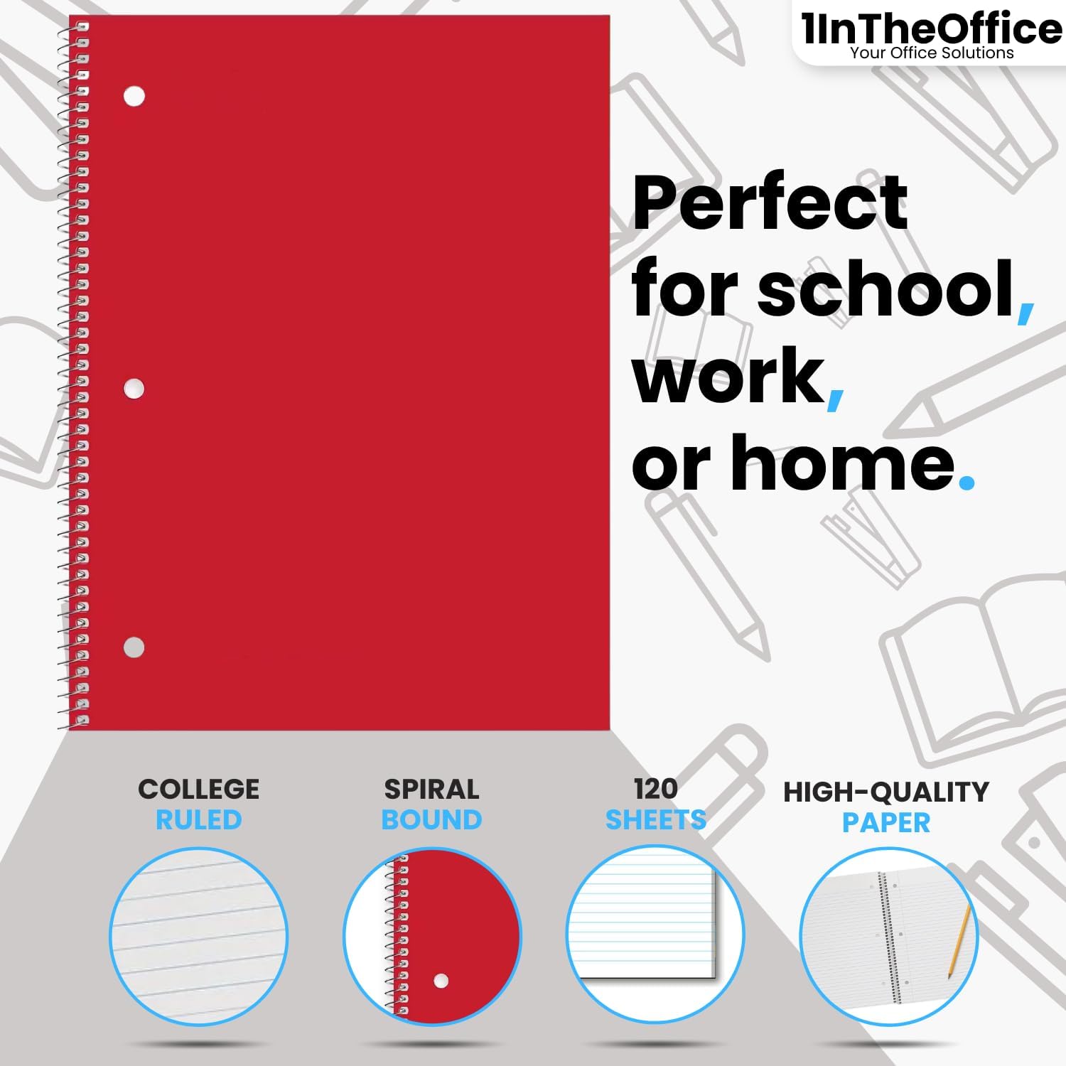 1InTheOffice Cuaderno espiral con rayas anchas de 3 materias 8 x 10.5, 120 hojas, colores surtidos, paquete de 3