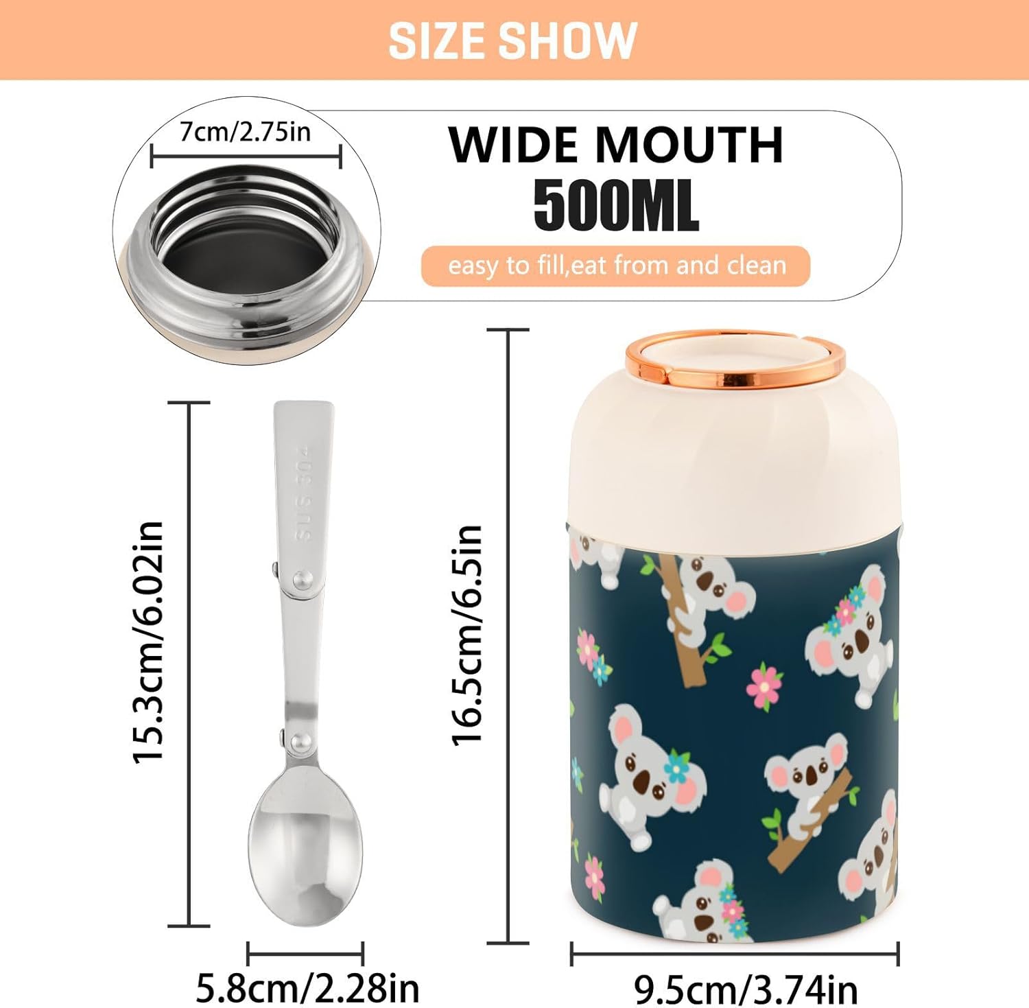 Lindos koala con corona floral para niños y mujeres, recipientes aislados para alimentos con cuchara de 17 oz16.9 fl oz, recipientes de almuerzo