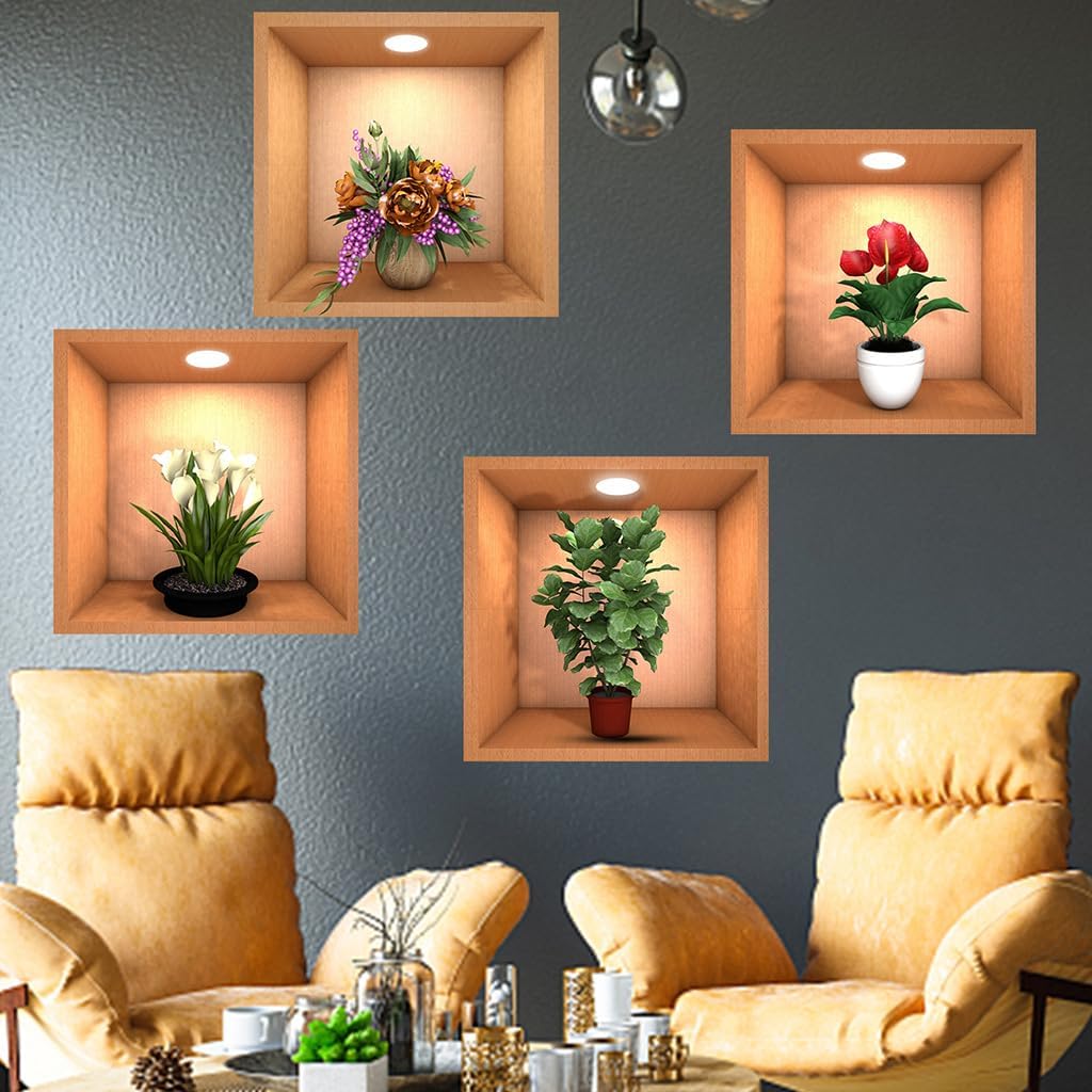 Calcomanías de pared 3D de plantas verdes en maceta, flores en maceta, calcomanías de pared removibles de PVC para despegar y pegar, murales de