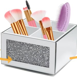 HMRCYTE Organizador de brochas de maquillaje con espejo giratorio de 360, soporte de almacenamiento de cepillos cosméticos de cristal de cristal, HMRCYTE Organizador de brochas de maquillaje con espejo giratorio de 360, soporte de almacenamiento de cepillos cosméticos de cristal de cristal,