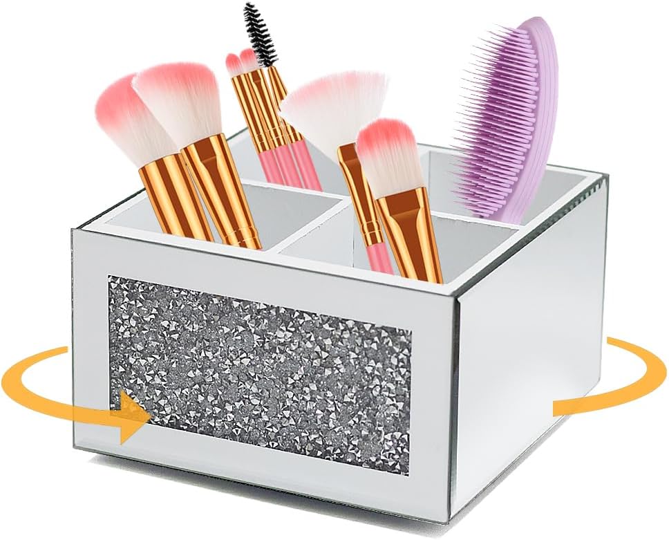 HMRCYTE Organizador de brochas de maquillaje con espejo giratorio de 360, soporte de almacenamiento de cepillos cosméticos de cristal de cristal,