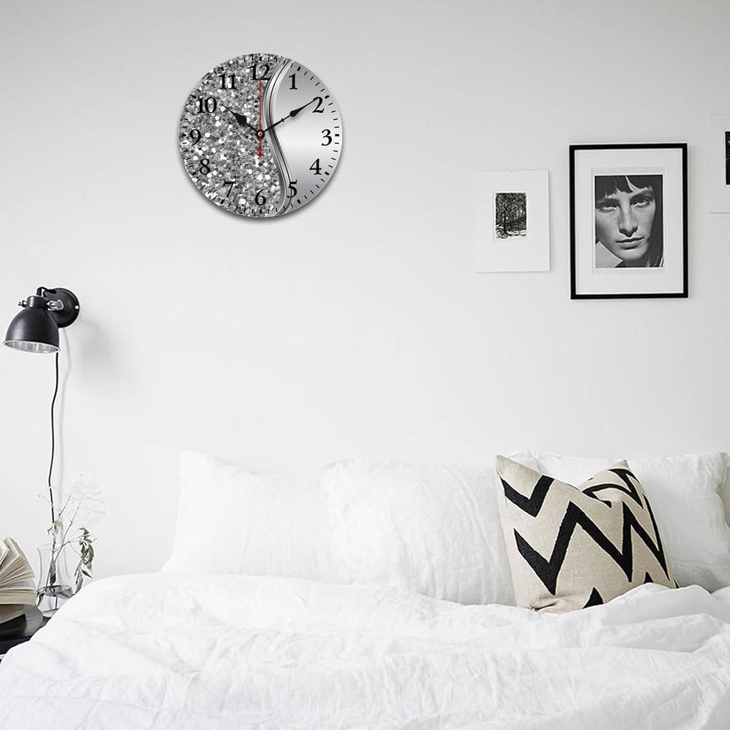 Reloj de pared, reloj de pared plateado con purpurina sintética, funciona con pilas, silencioso, sin tictac, relojes redondos de madera decorativos