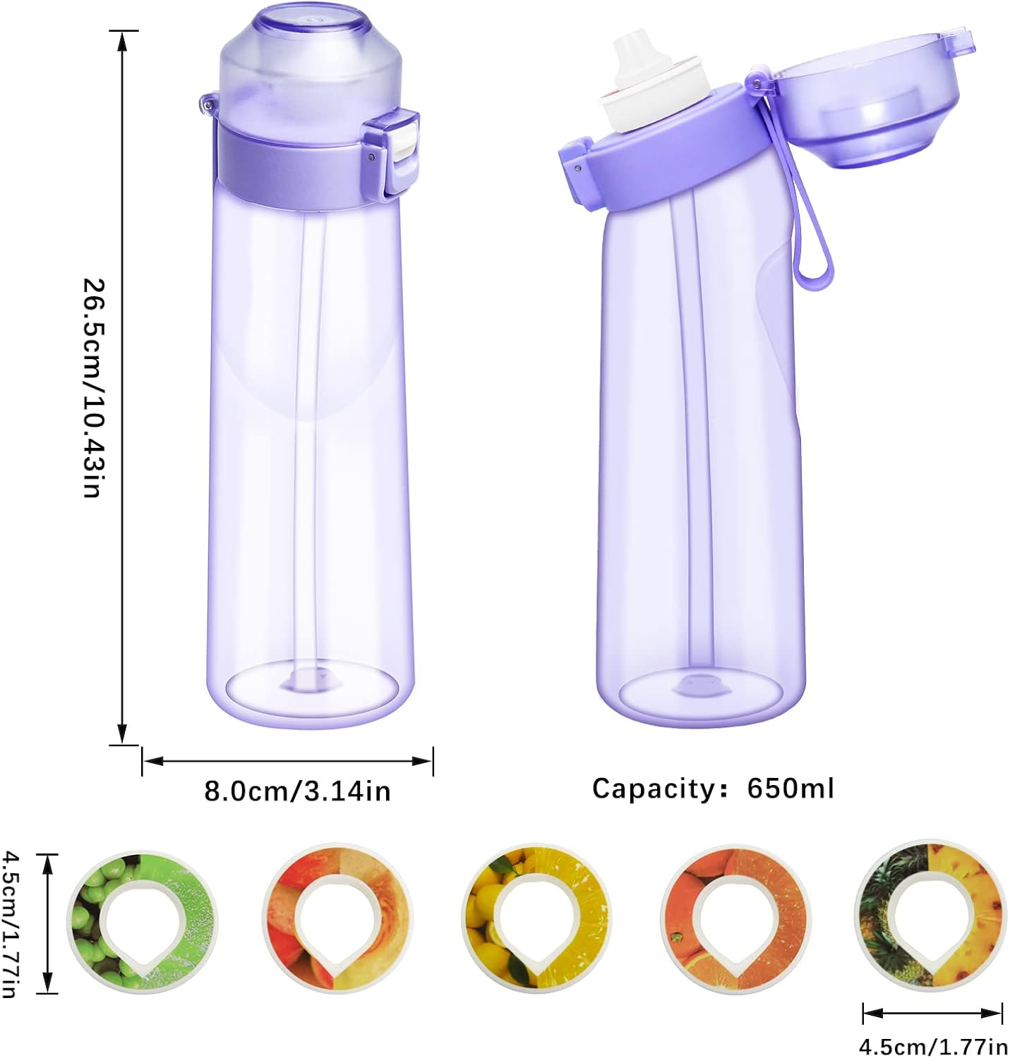 Botella de agua con cápsulas de sabor de 21.9 onzas  22.0 fl oz, botella de agua con fragancia de fruta, botella de agua reciclable deportiva para