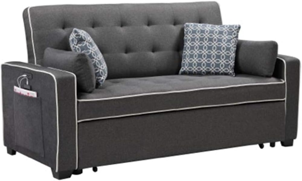 Lilola Home Cody – Sofá cama de tela con 2 puertos de carga USB y 4 almohadas decorativas, color gris
