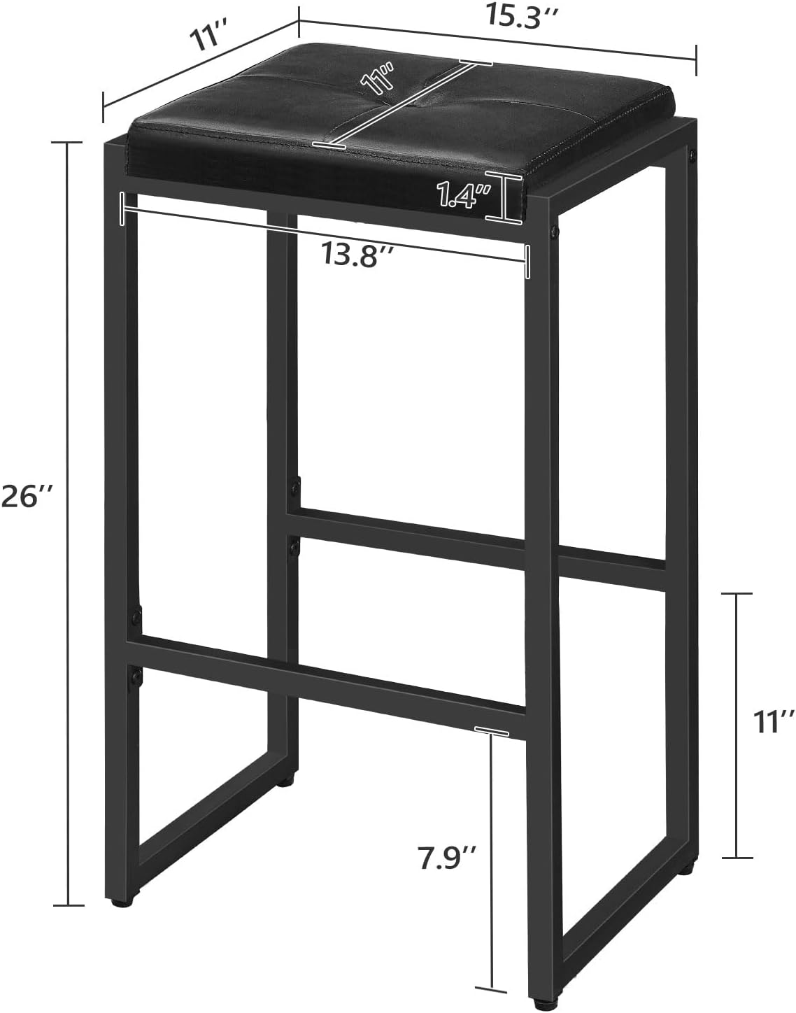 Taburetes de bar, juego de 2 sillas de bar, taburetes de desayuno tapizados de piel sintética de 26 pulgadas, taburetes de bar de altura de