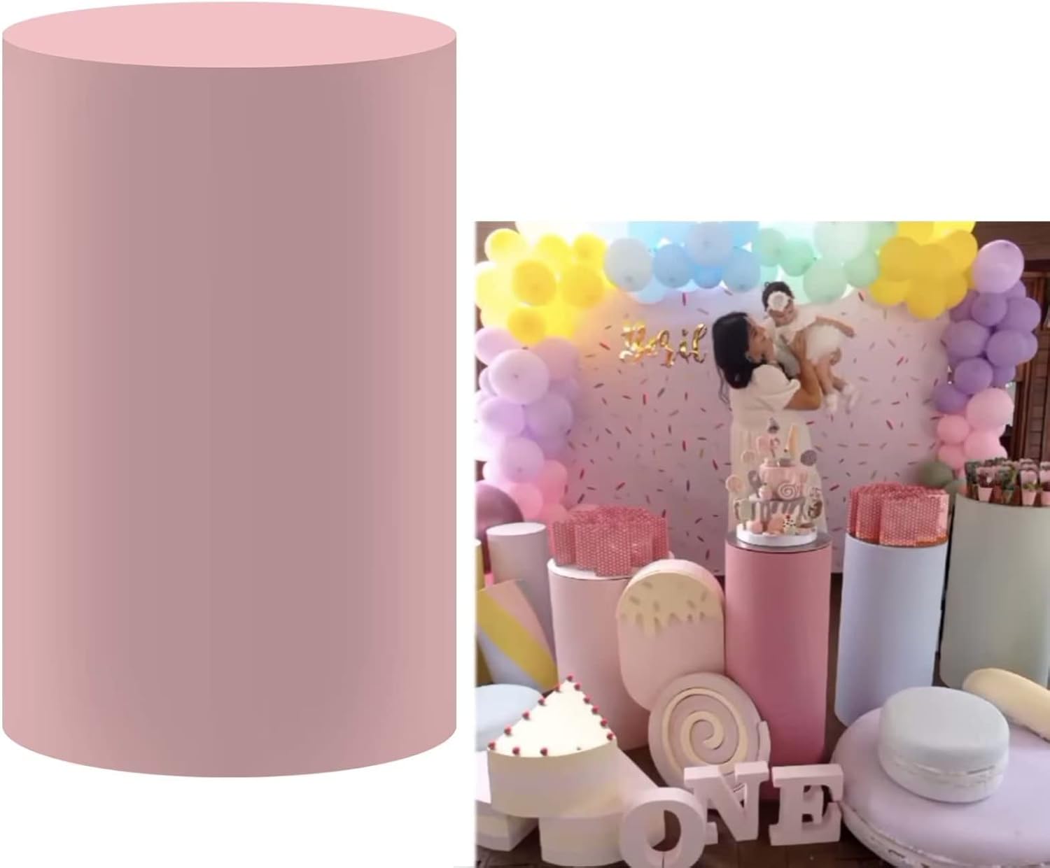 Cubiertas de pedestal redondas de color rosa carne sólida para fiesta de cumpleaños, cubierta de zócalo rosa, cubierta de cilindro redondo de tela