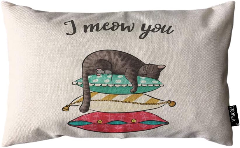 EKOBLA Funda de almohada con texto en inglés “I Meow You” con diseño de gato en acuarela, almohadas coloridas, adorables cachorros, fundas de