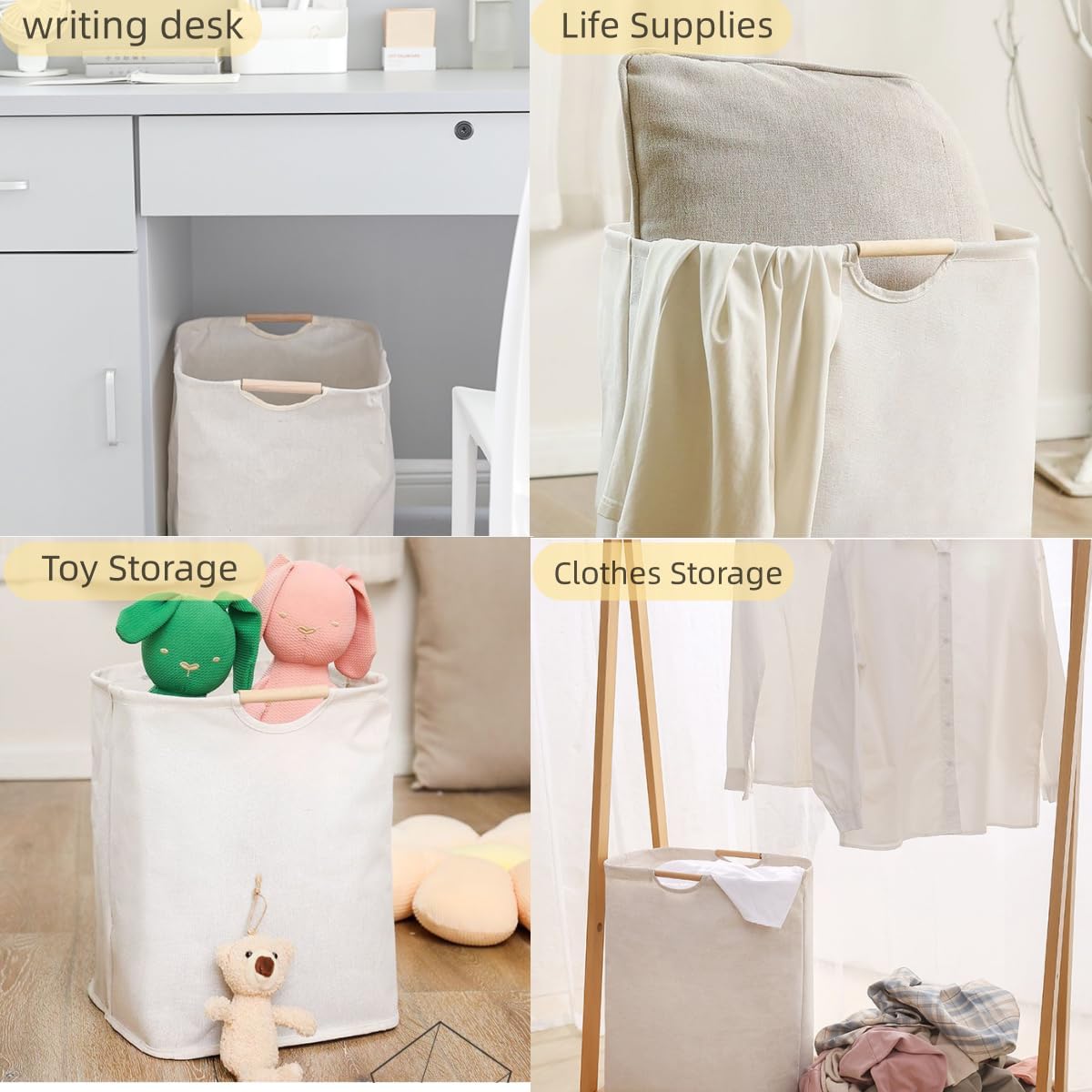 Cesta de lavandería impermeable de 100 L, cesta de lavandería extragrande con mango de madera, cesta de almacenamiento de ropa plegable para