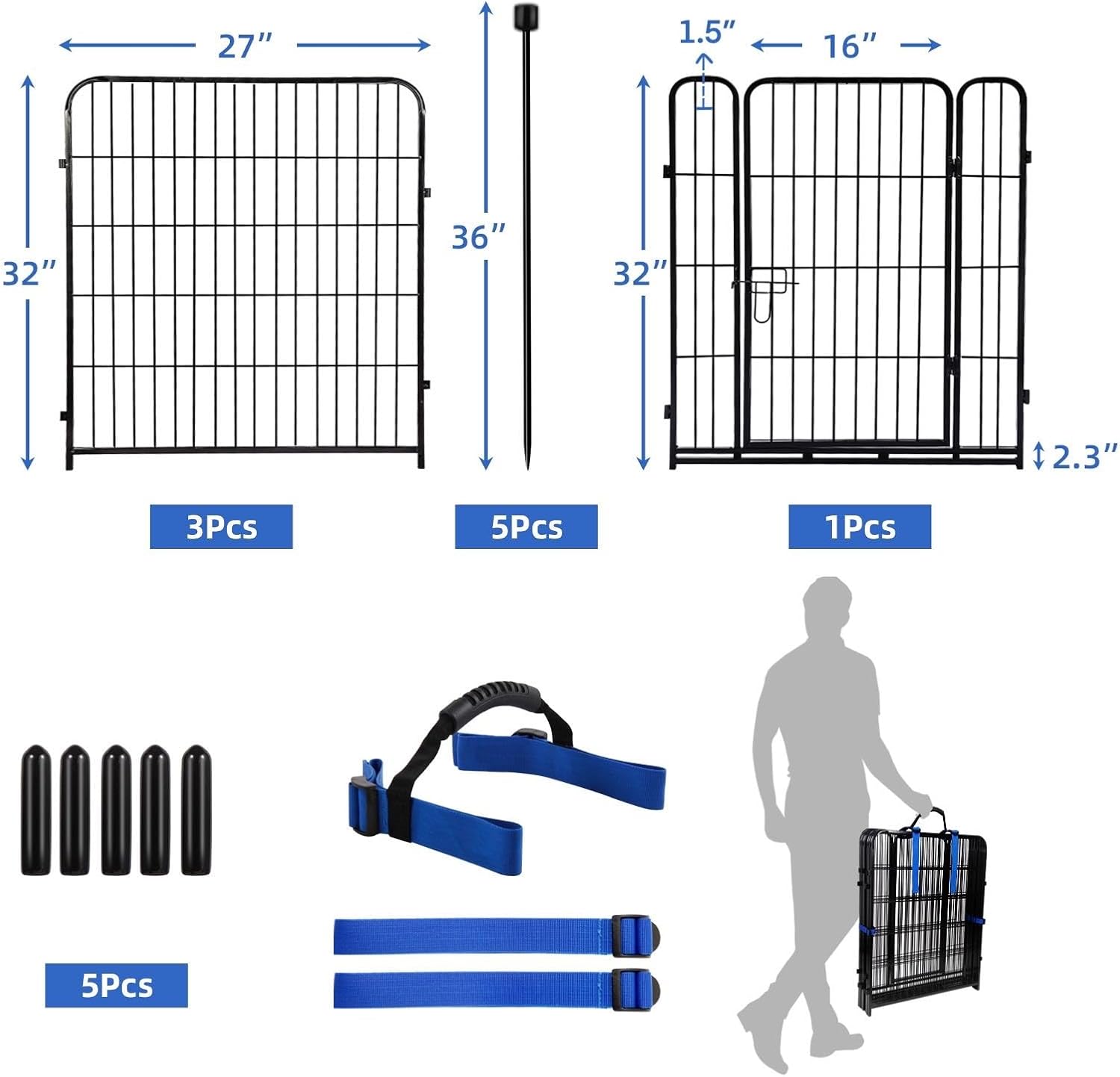 ADAVIN Valla de jardín con puerta de 32 pulgadas de alto x 9 pies de largo, cerca de barrera de metal de hierro negro resistente, corral para perros