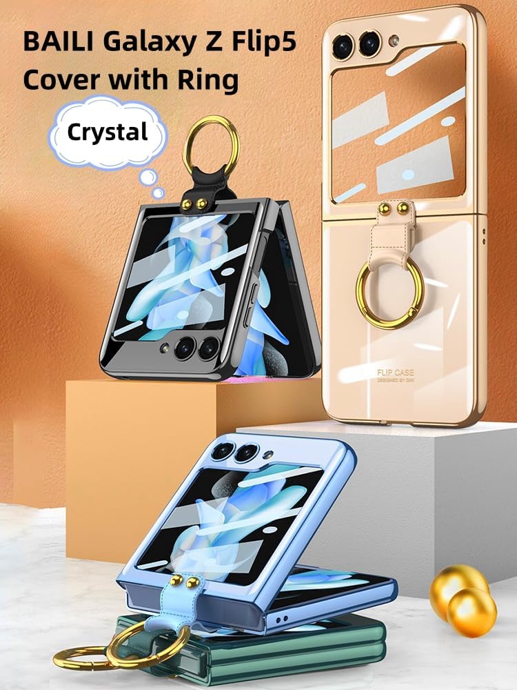BAILI Funda transparente para Samsung Galaxy Z Flip5 con anillo, cristal duro para Galaxy Z Flip 5 con pantalla pequeña HD a prueba de explosiones